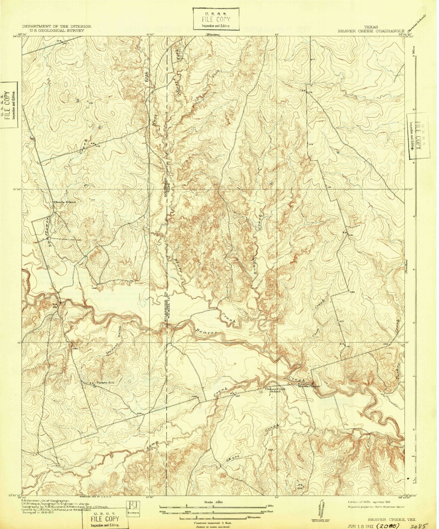 Classic USGS Beaver Creek Texas 7.5'x7.5' Topo Map Image