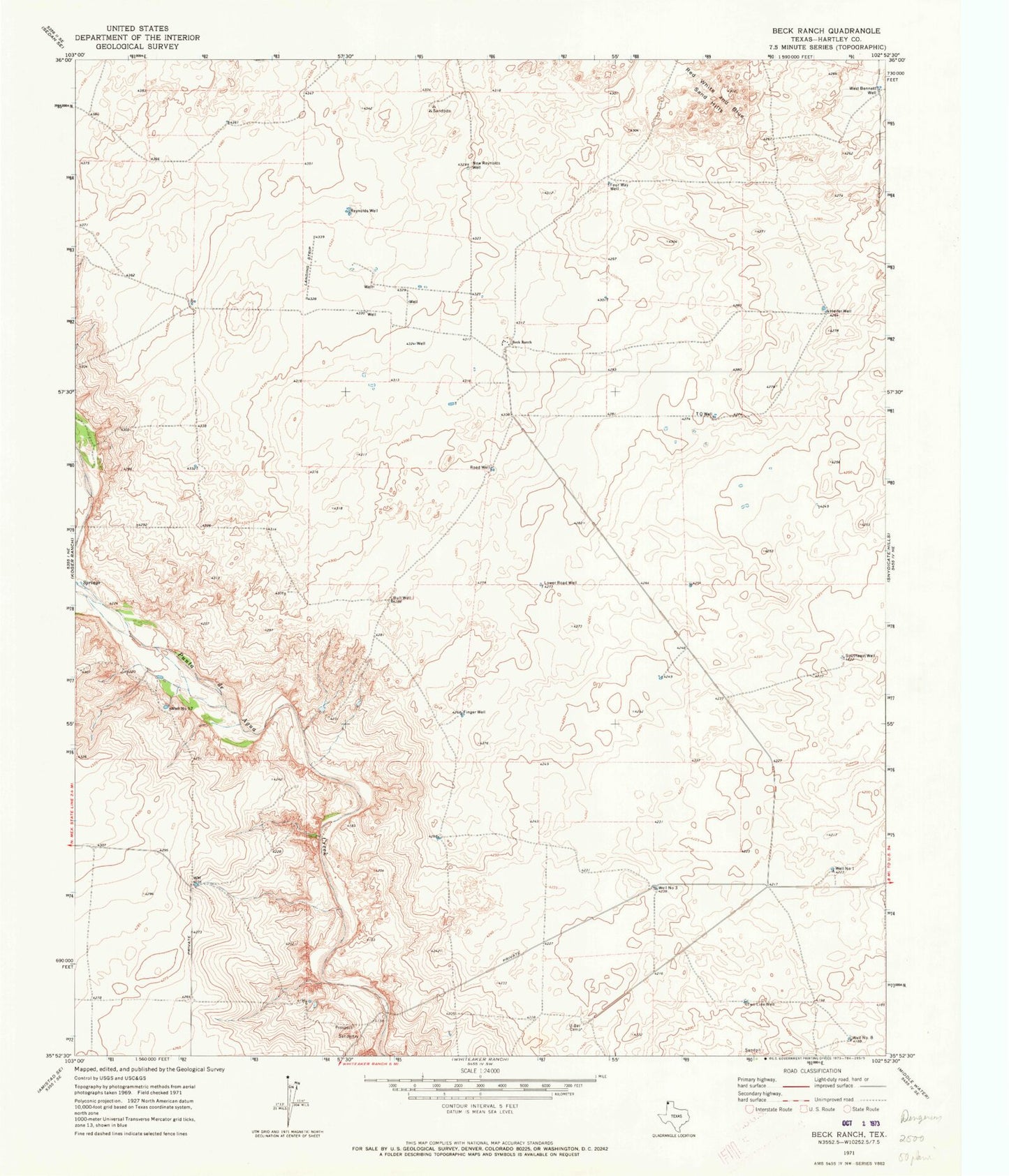 Classic USGS Beck Ranch Texas 7.5'x7.5' Topo Map Image