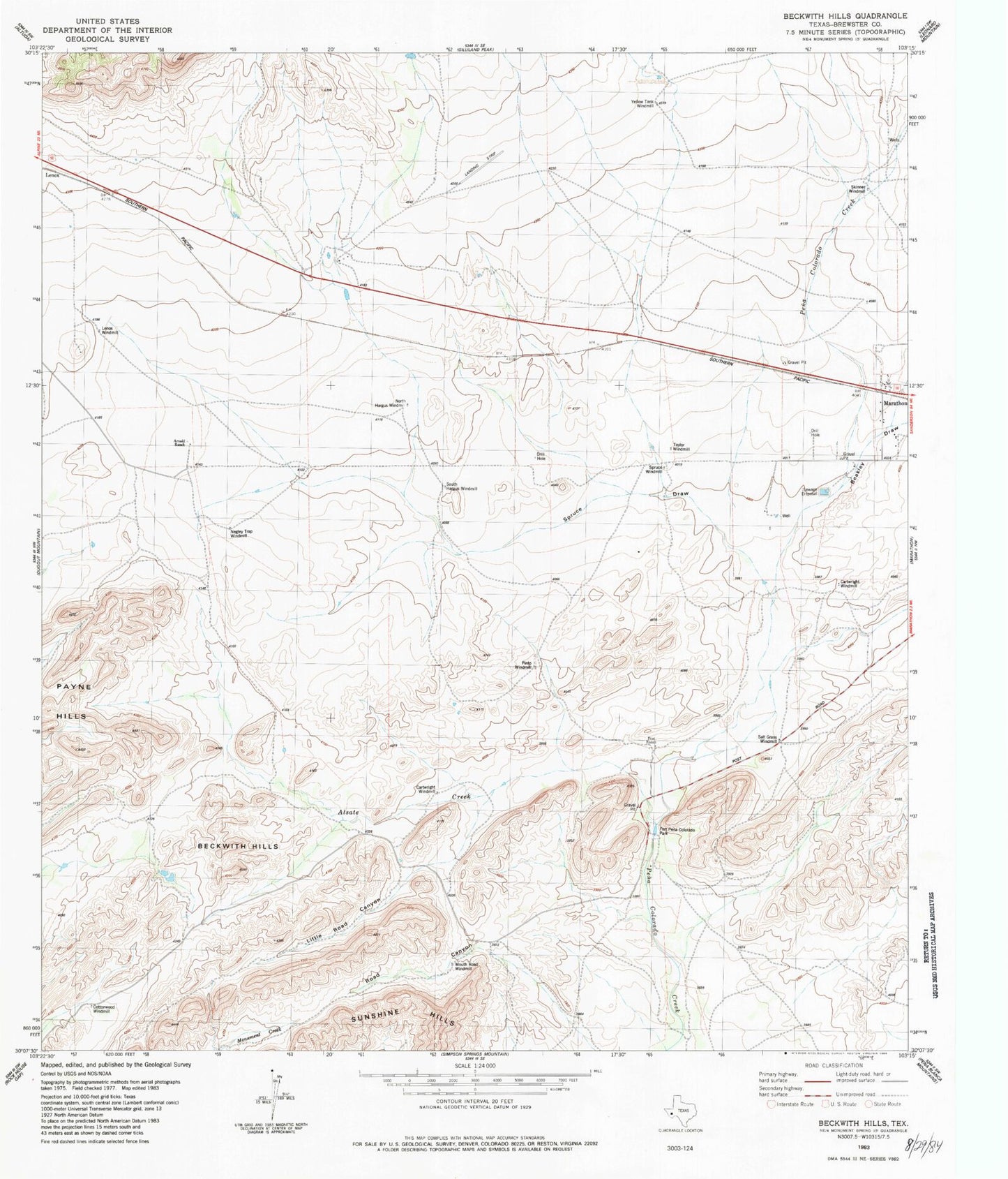 Classic USGS Beckwith Hills Texas 7.5'x7.5' Topo Map Image