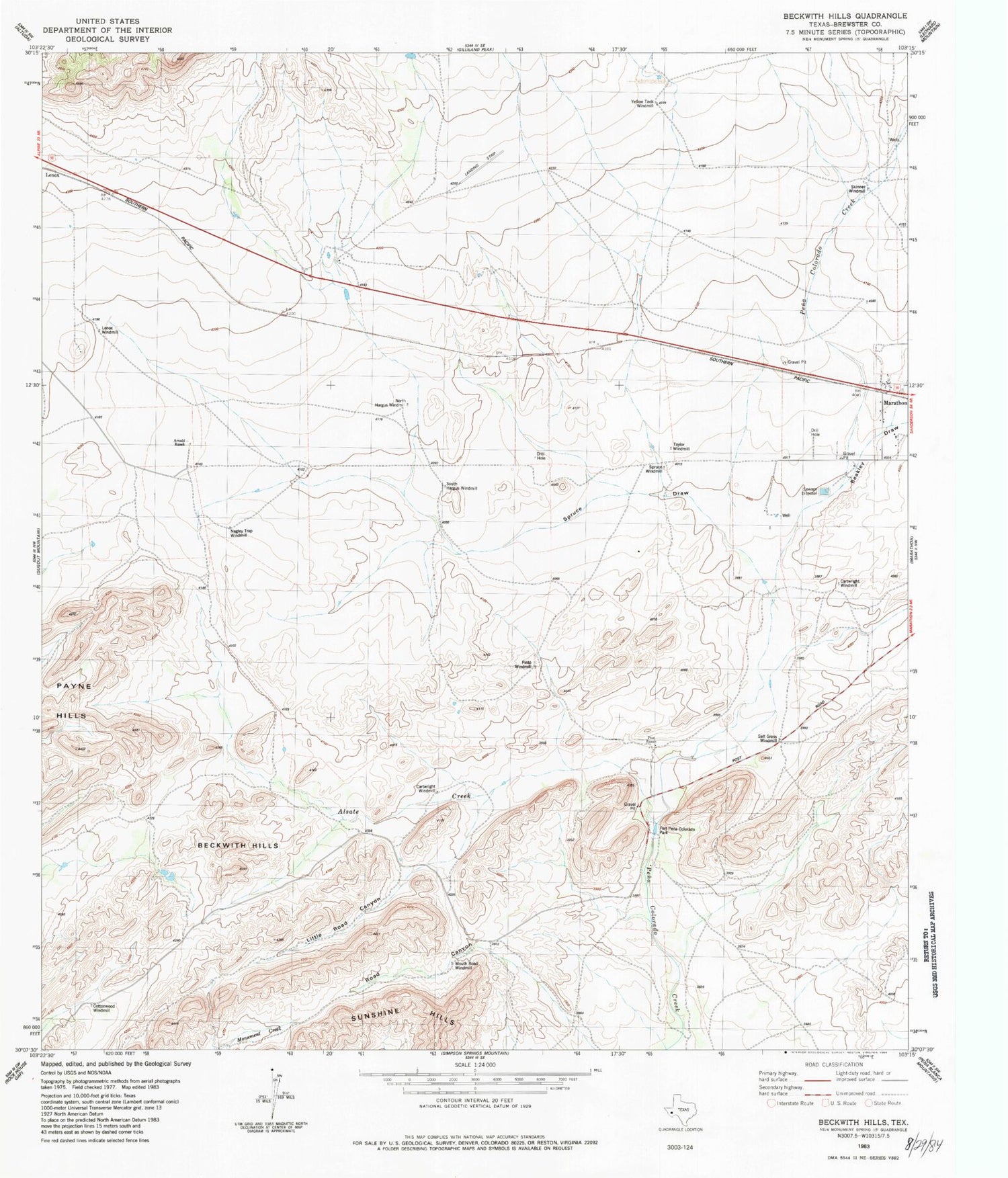 Classic USGS Beckwith Hills Texas 7.5'x7.5' Topo Map Image