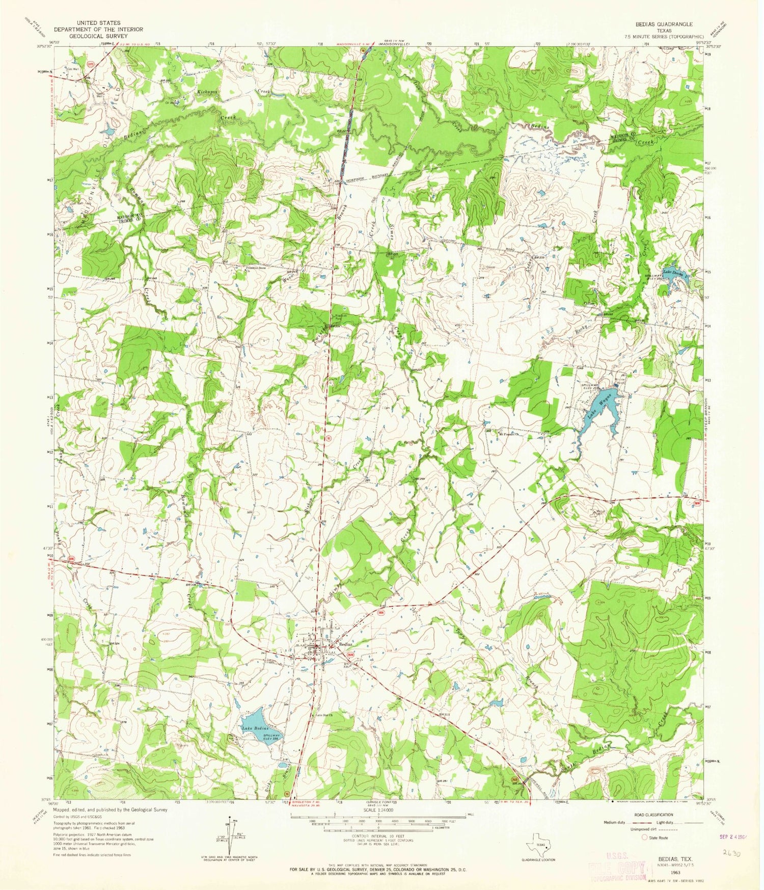 Classic USGS Bedias Texas 7.5'x7.5' Topo Map Image