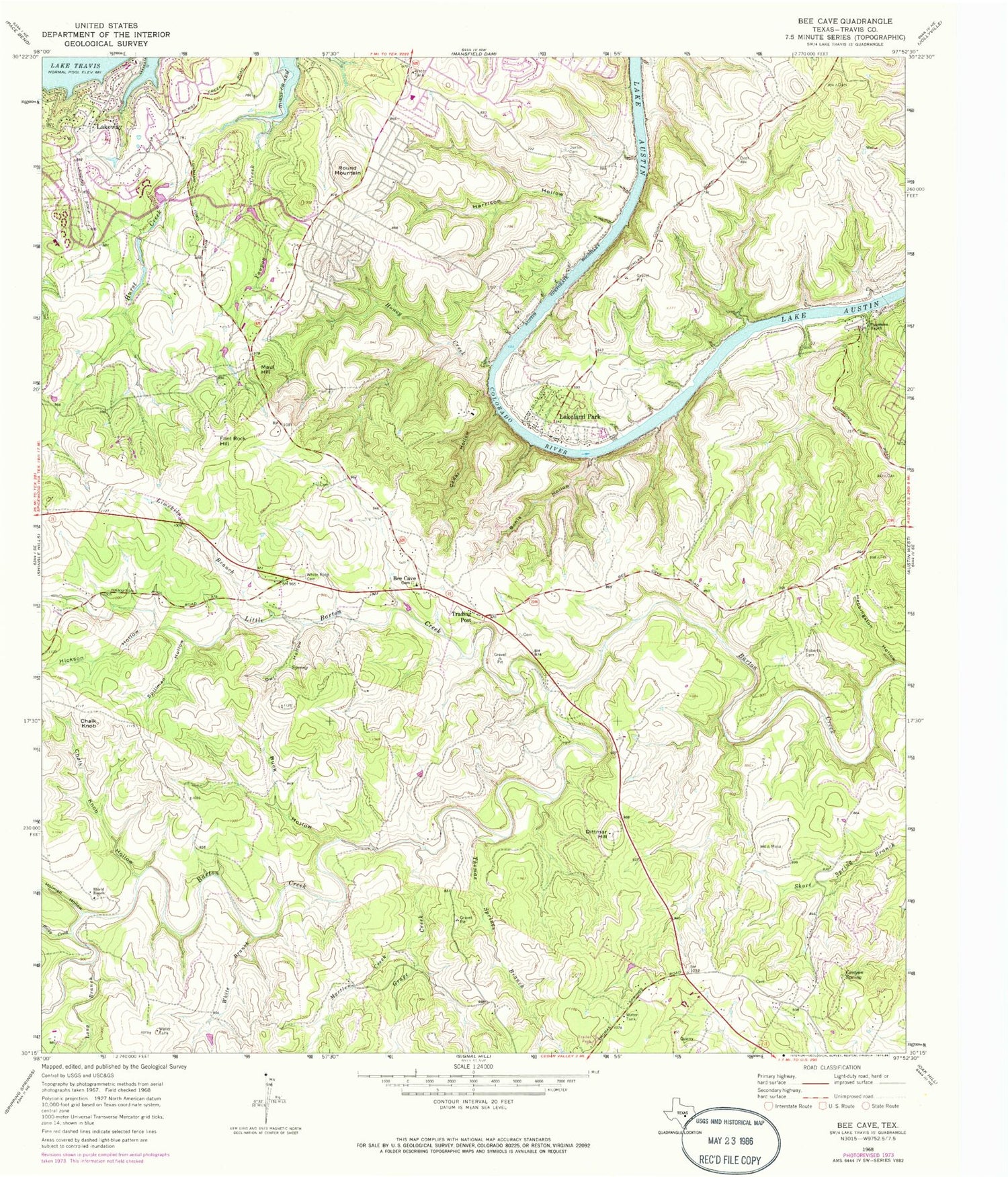 Classic USGS Bee Cave Texas 7.5'x7.5' Topo Map Image