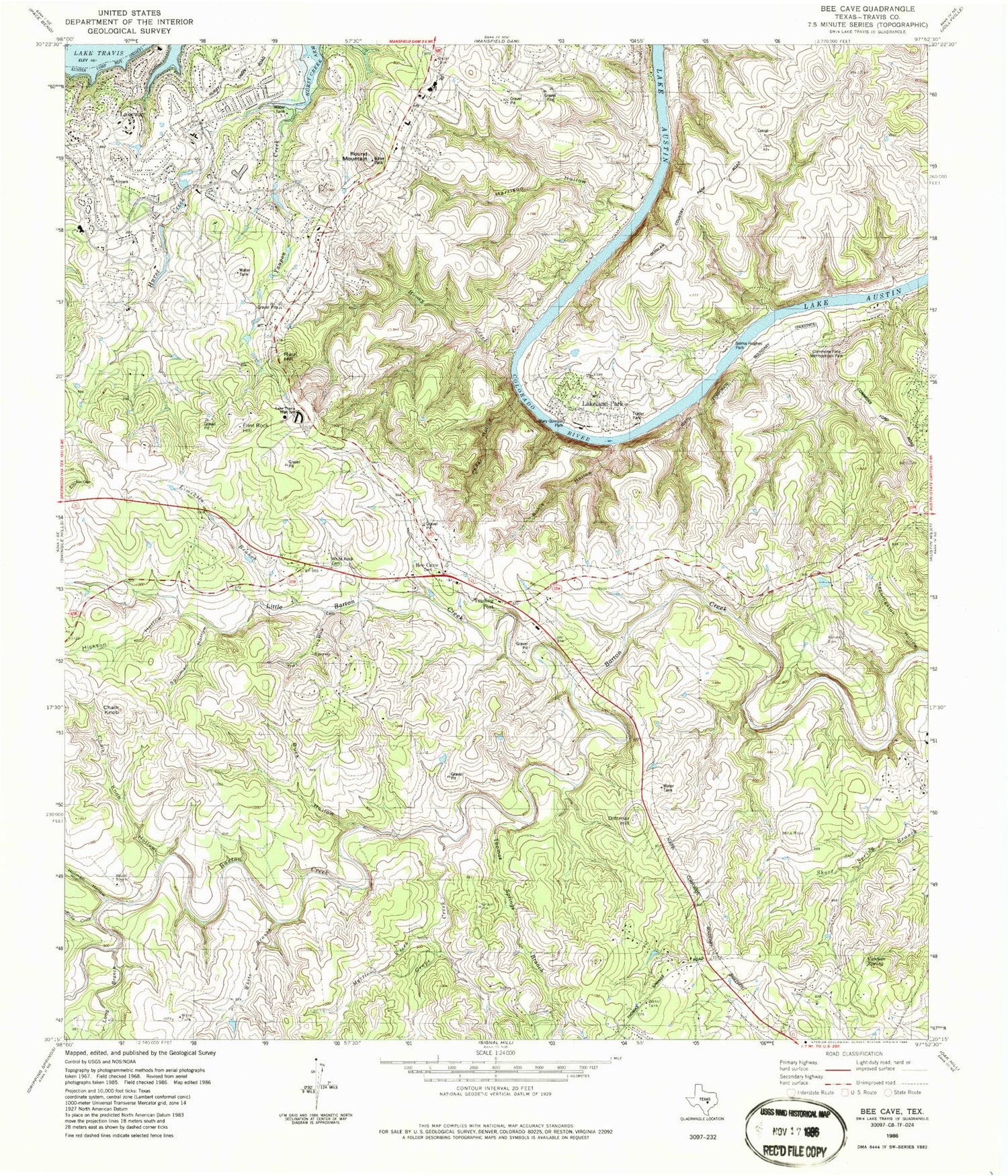 Classic USGS Bee Cave Texas 7.5'x7.5' Topo Map Image