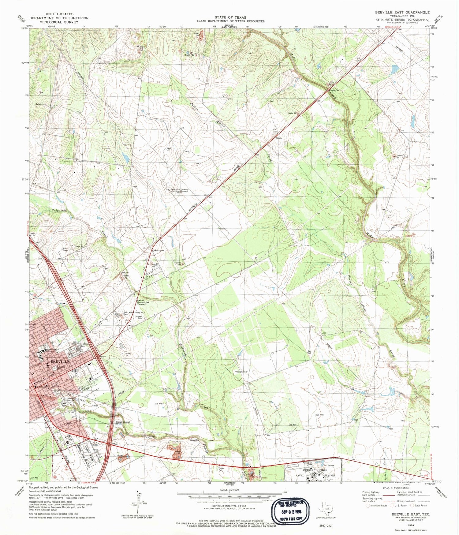 Classic USGS Beeville East Texas 7.5'x7.5' Topo Map Image