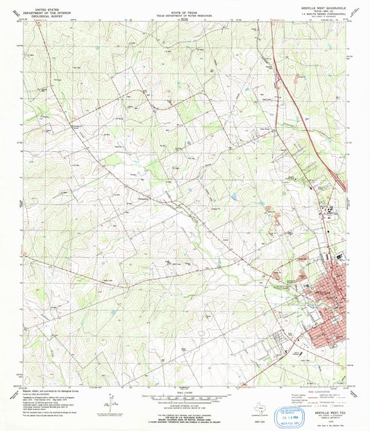 Classic USGS Beeville West Texas 7.5'x7.5' Topo Map Image