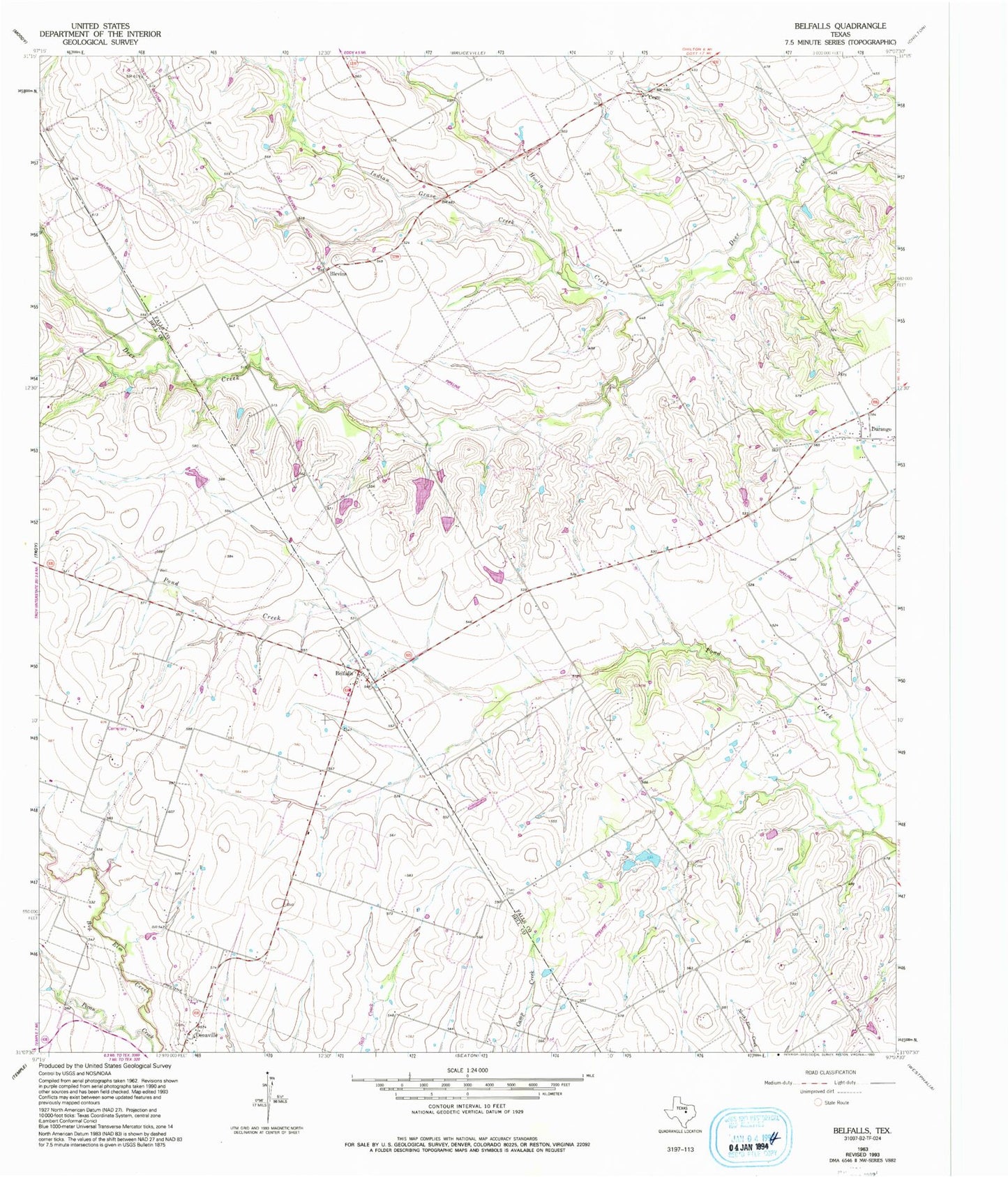 Classic USGS Belfalls Texas 7.5'x7.5' Topo Map Image