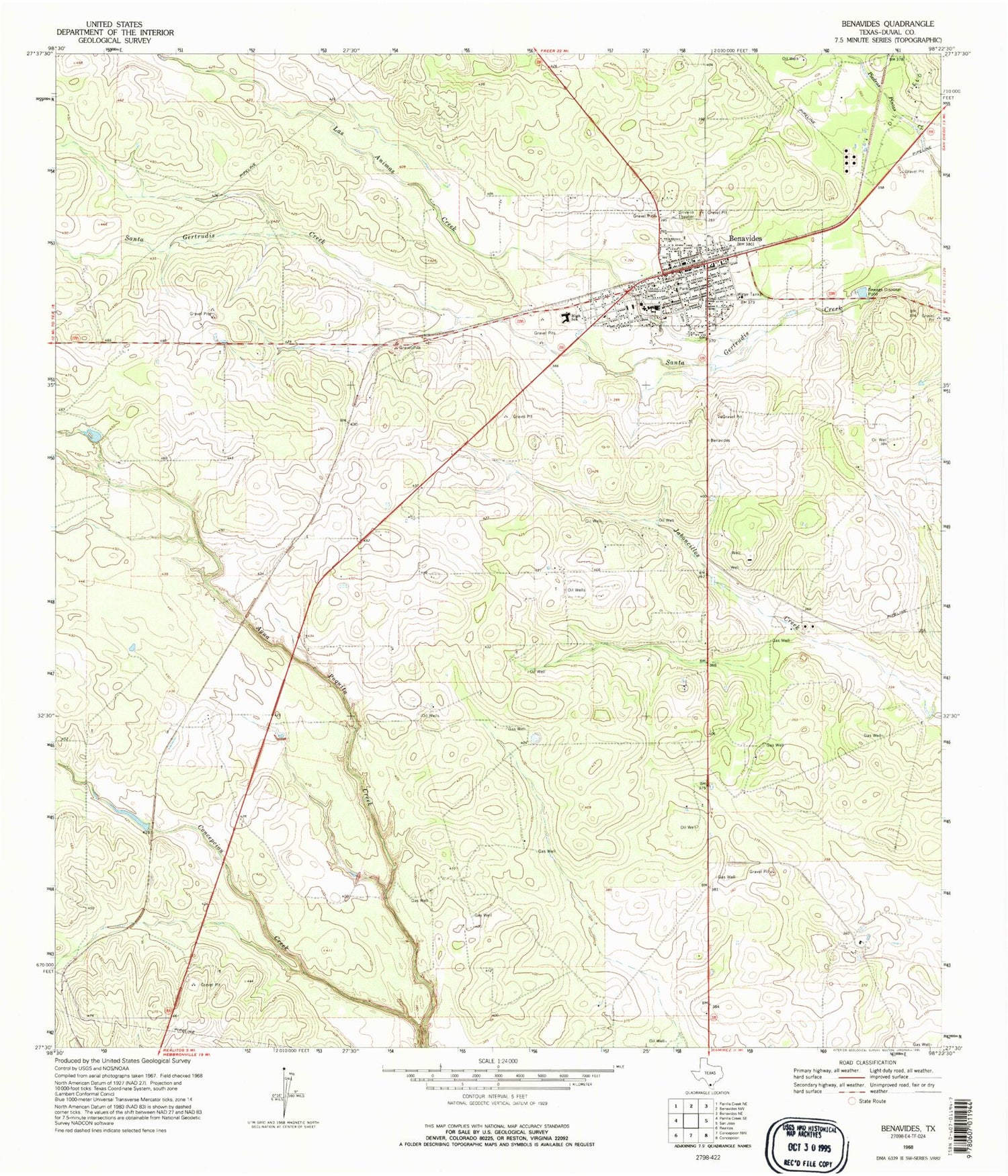 Classic USGS Benavides Texas 7.5'x7.5' Topo Map Image