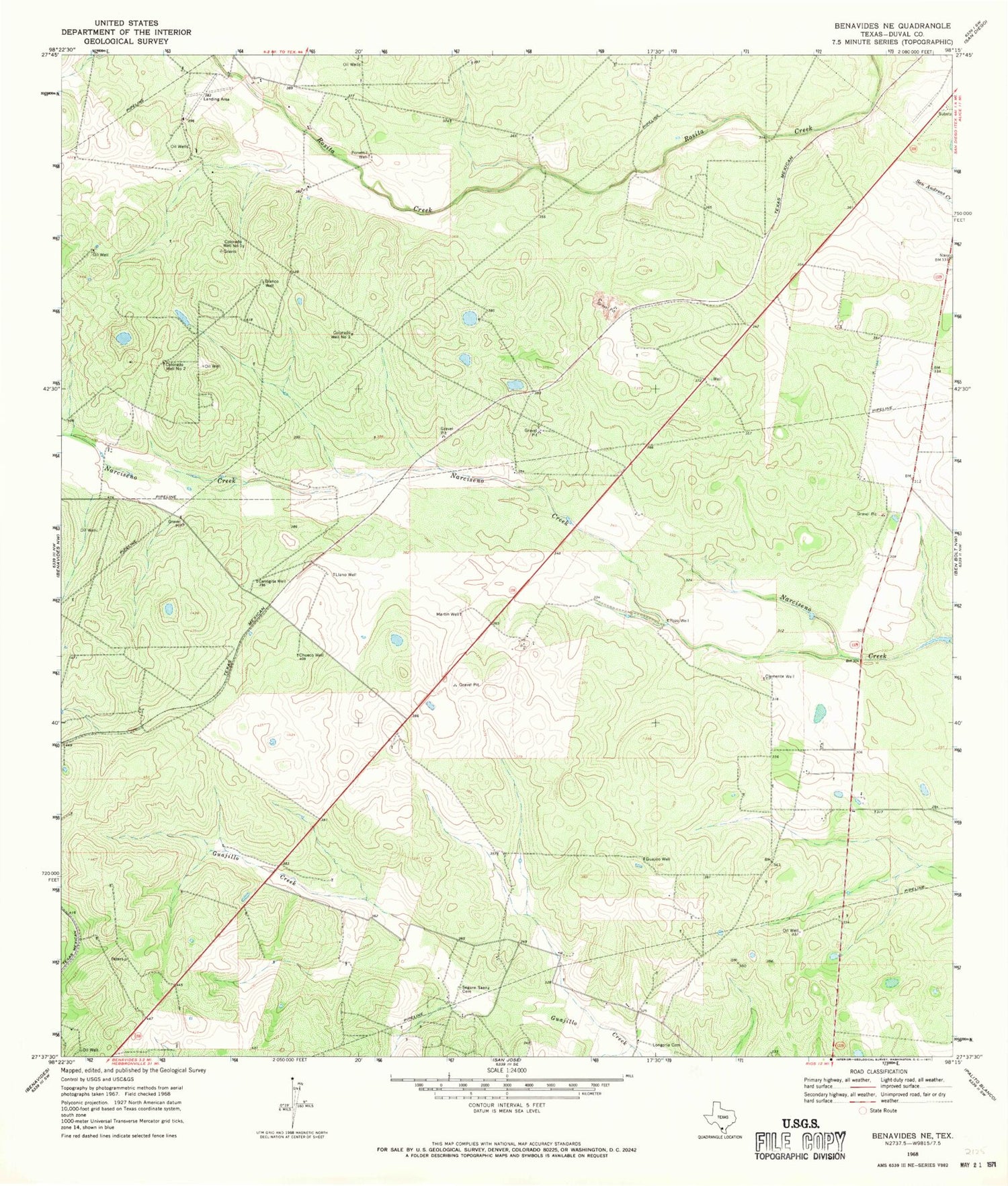 Classic USGS Benavides NE Texas 7.5'x7.5' Topo Map Image