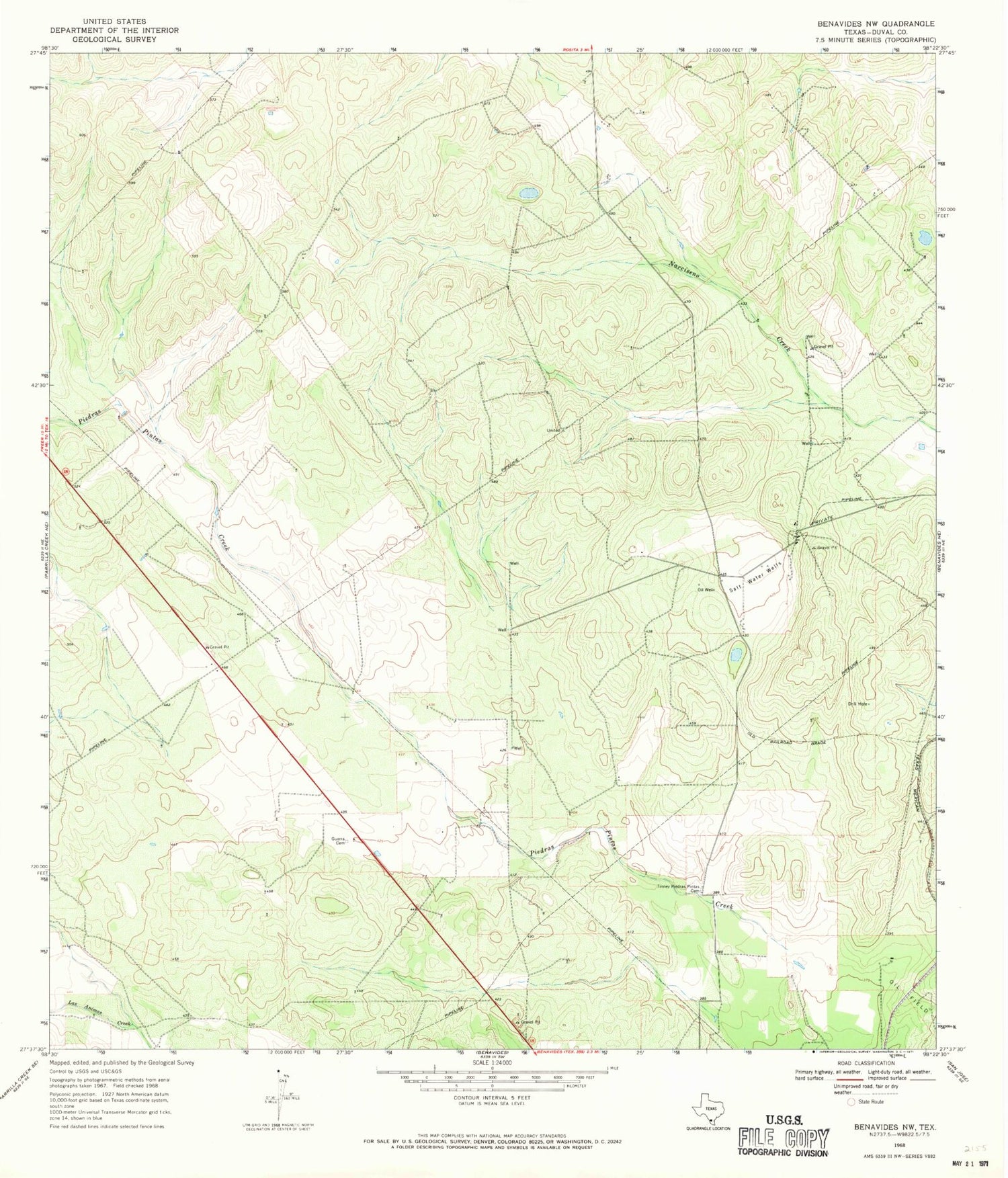 Classic USGS Benavides NW Texas 7.5'x7.5' Topo Map Image