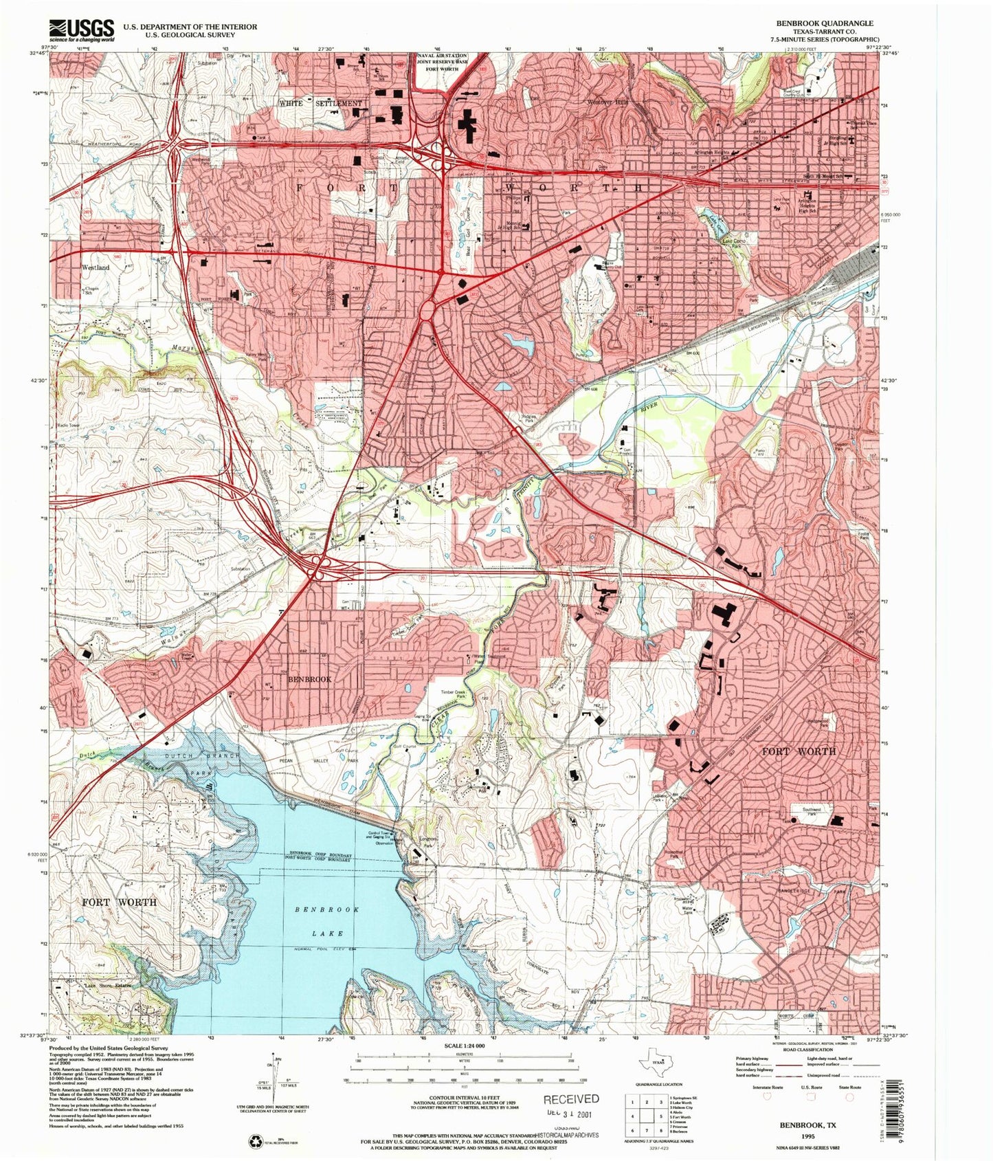 Classic USGS Benbrook Texas 7.5'x7.5' Topo Map Image