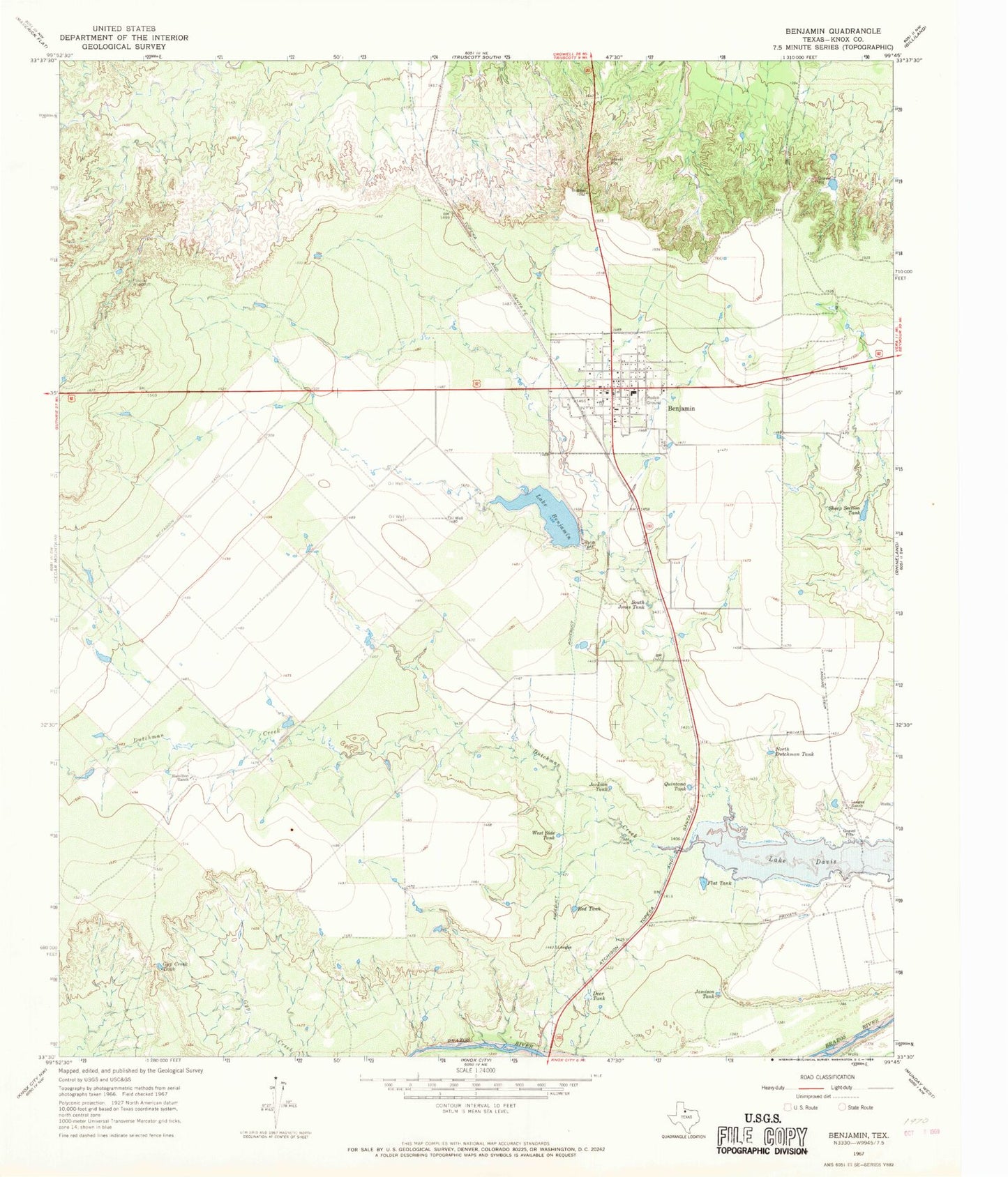 Classic USGS Benjamin Texas 7.5'x7.5' Topo Map Image