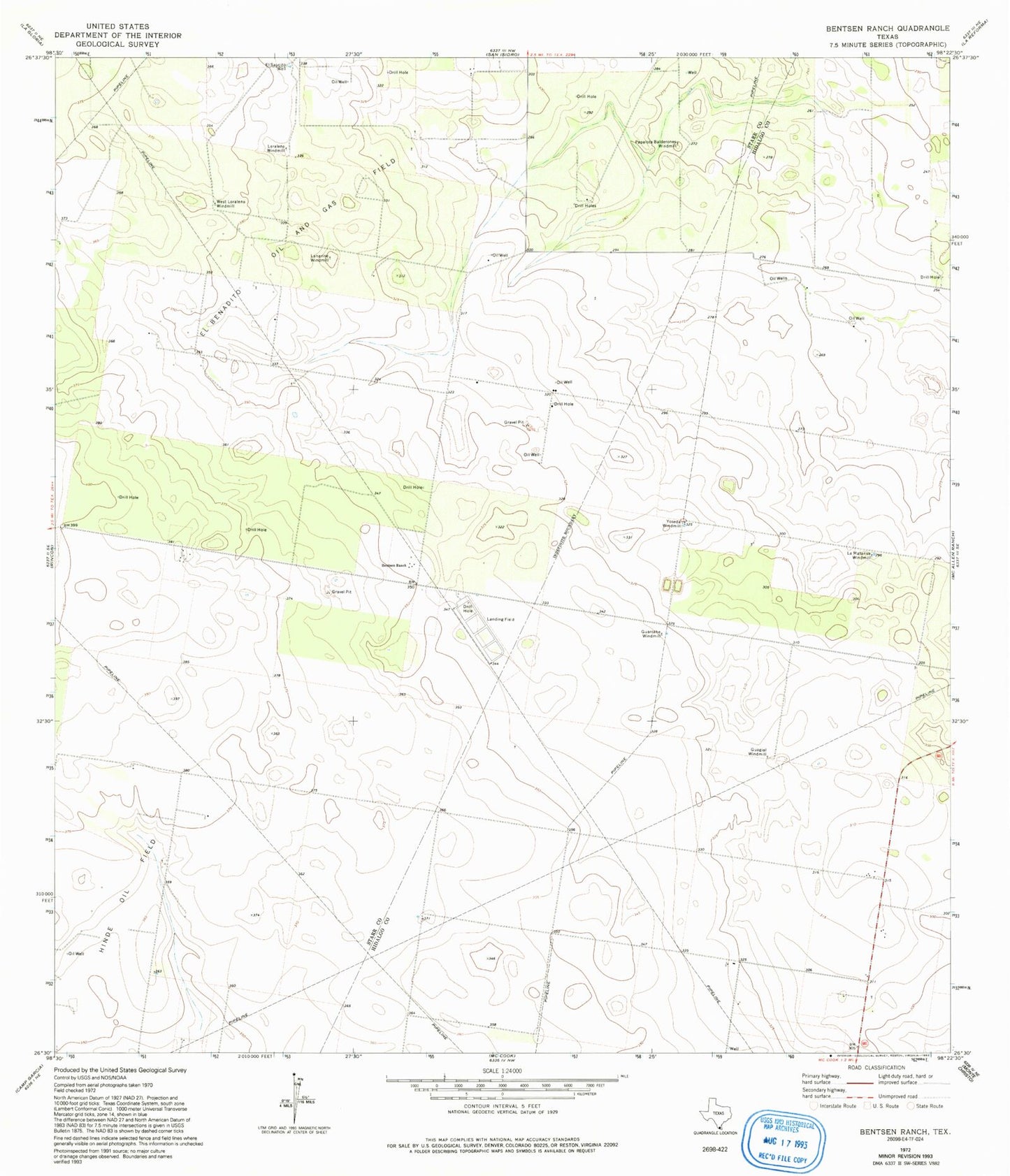 Classic USGS Bentsen Ranch Texas 7.5'x7.5' Topo Map Image