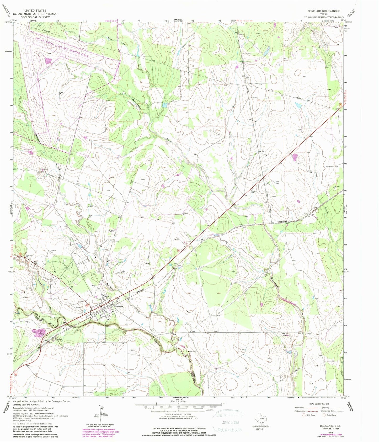 Classic USGS Berclair Texas 7.5'x7.5' Topo Map Image