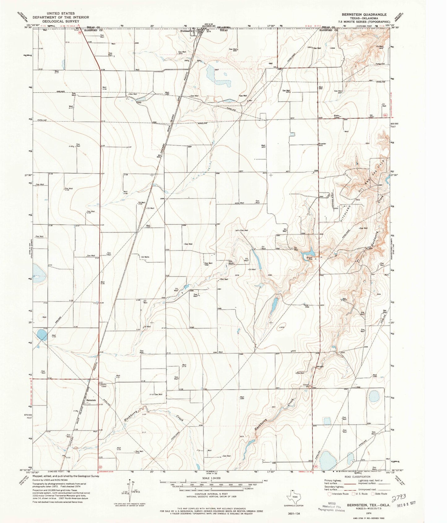 Classic USGS Bernstein Texas 7.5'x7.5' Topo Map Image