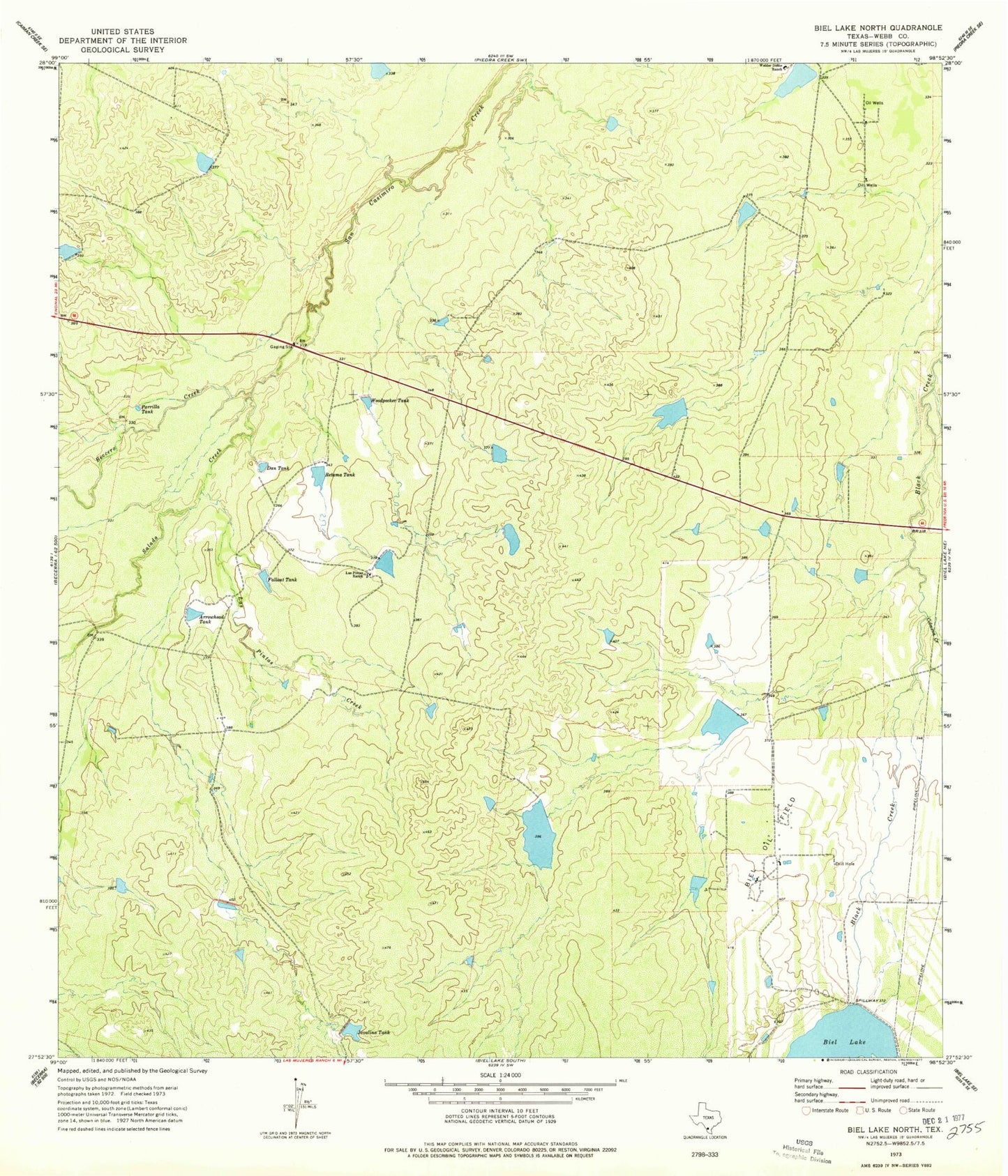 Classic USGS Biel Lake North Texas 7.5'x7.5' Topo Map Image