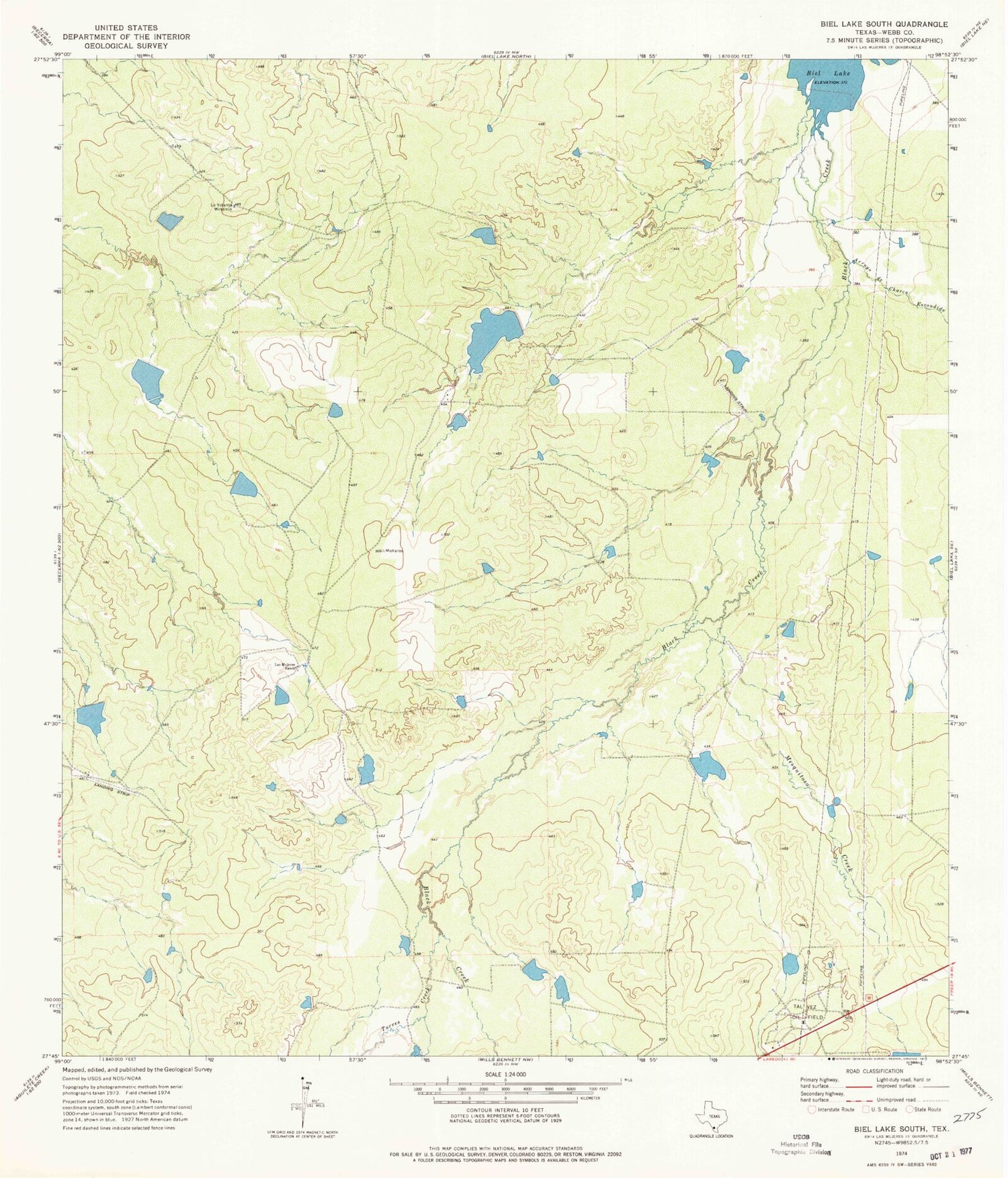 Classic USGS Biel Lake South Texas 7.5'x7.5' Topo Map Image