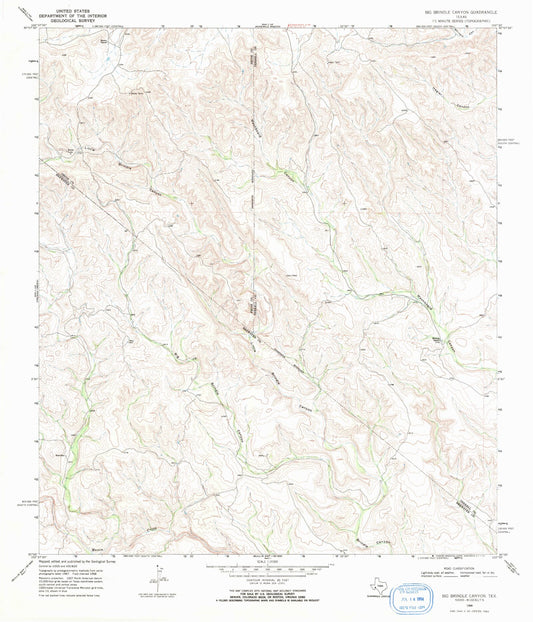 Classic USGS Big Brindle Canyon Texas 7.5'x7.5' Topo Map Image