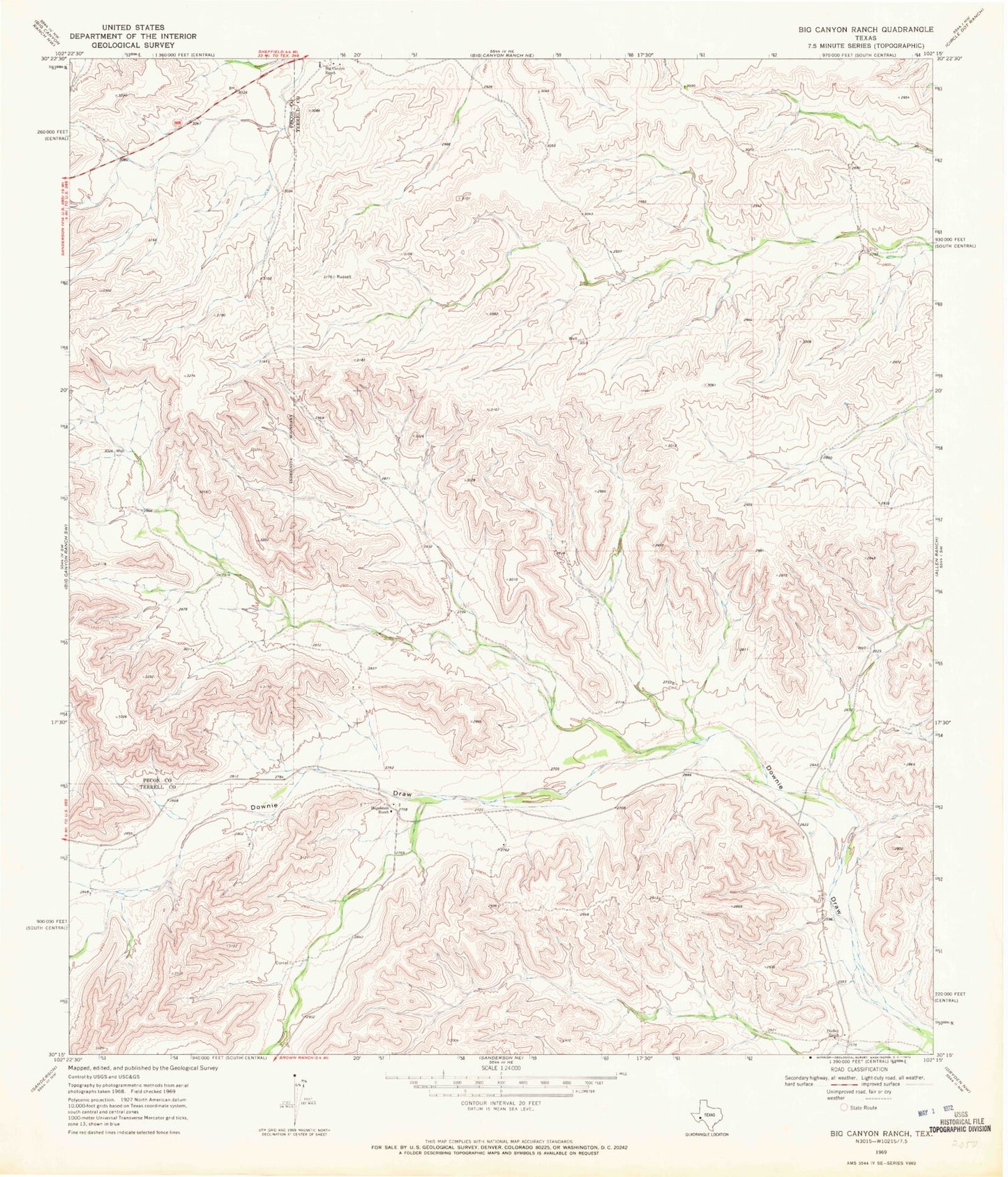 Classic USGS Big Canyon Ranch Texas 7.5'x7.5' Topo Map Image