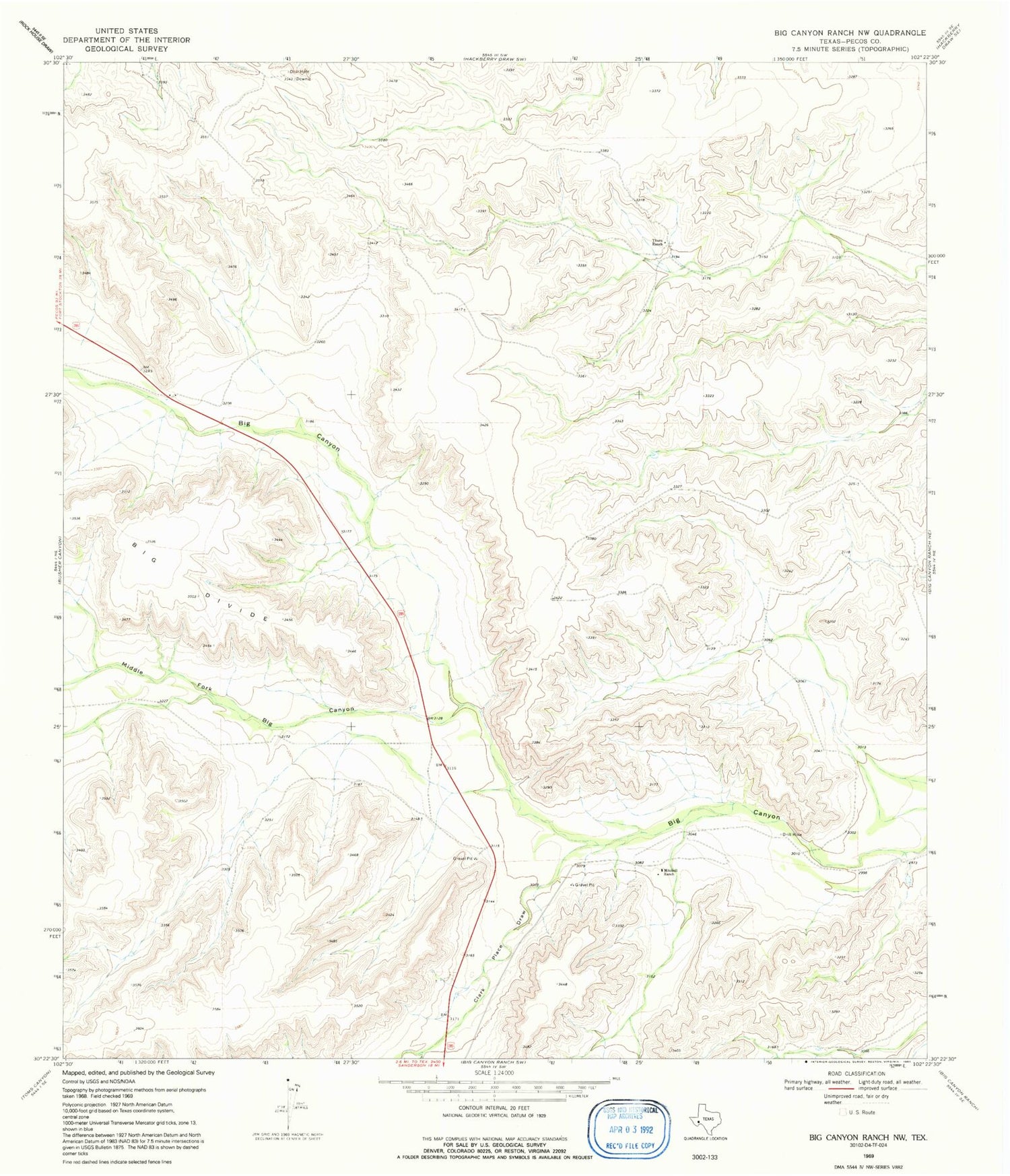 Classic USGS Big Canyon Ranch NW Texas 7.5'x7.5' Topo Map Image