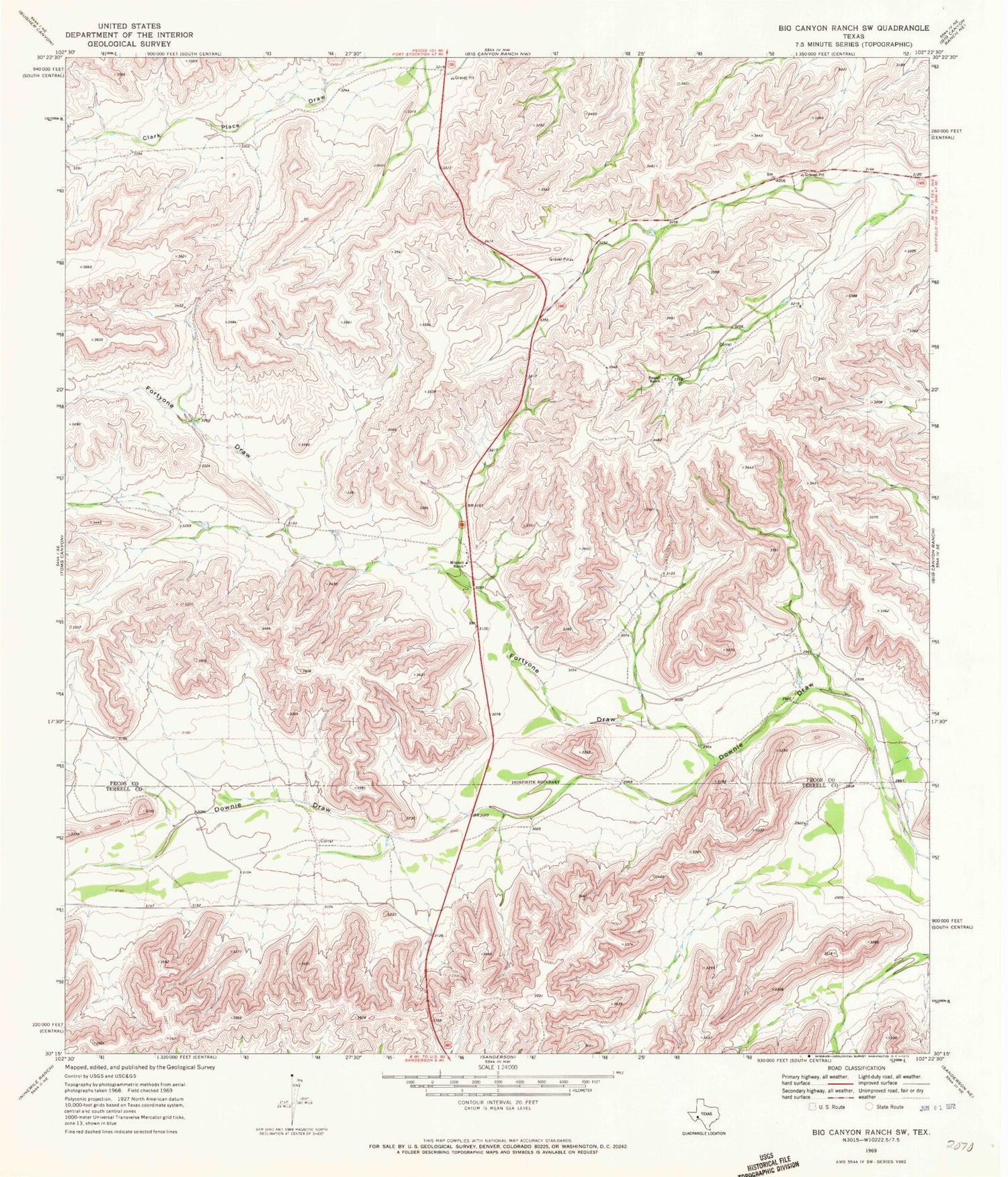 Classic USGS Big Canyon Ranch SW Texas 7.5'x7.5' Topo Map Image