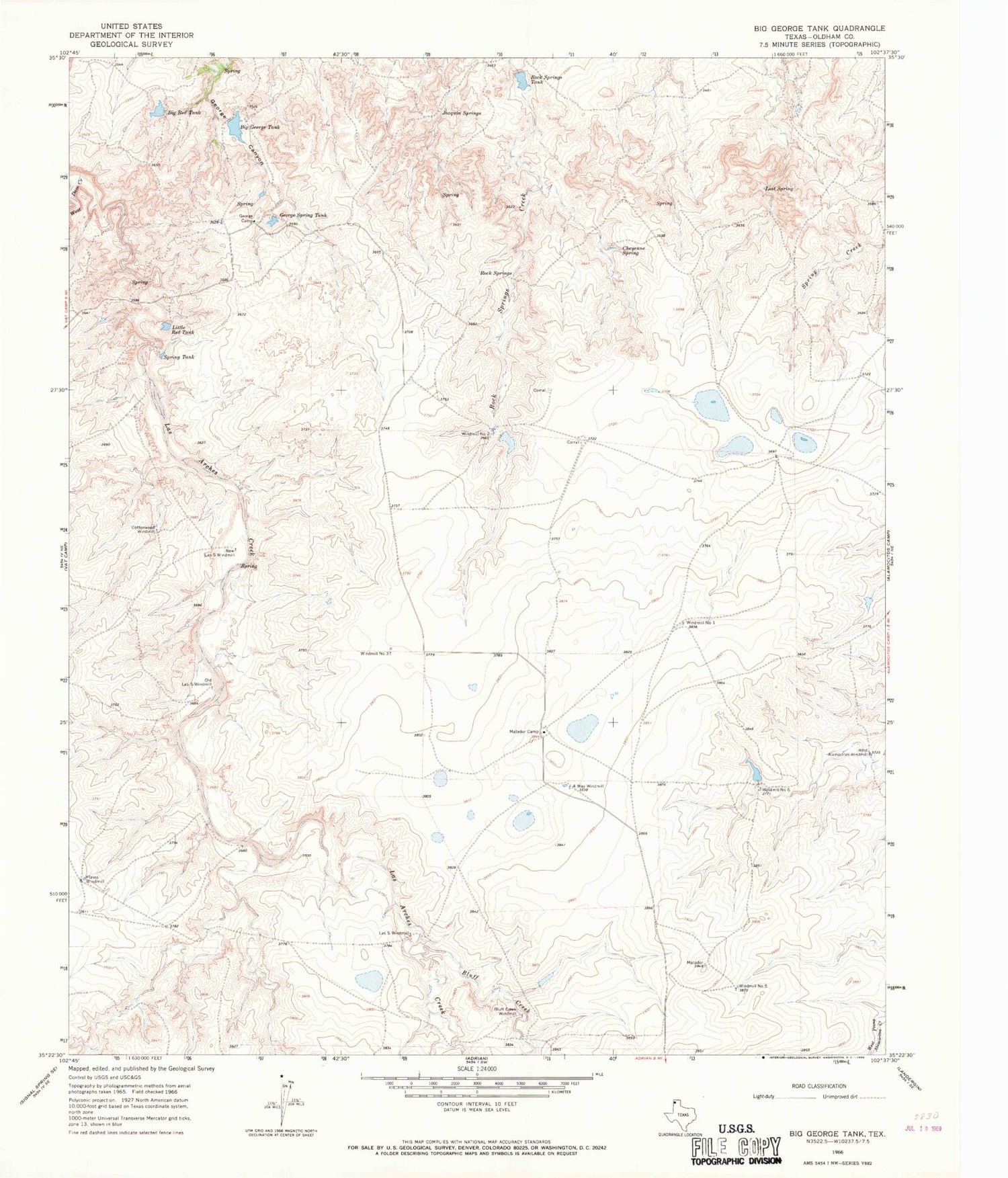 Classic USGS Big George Tank Texas 7.5'x7.5' Topo Map Image
