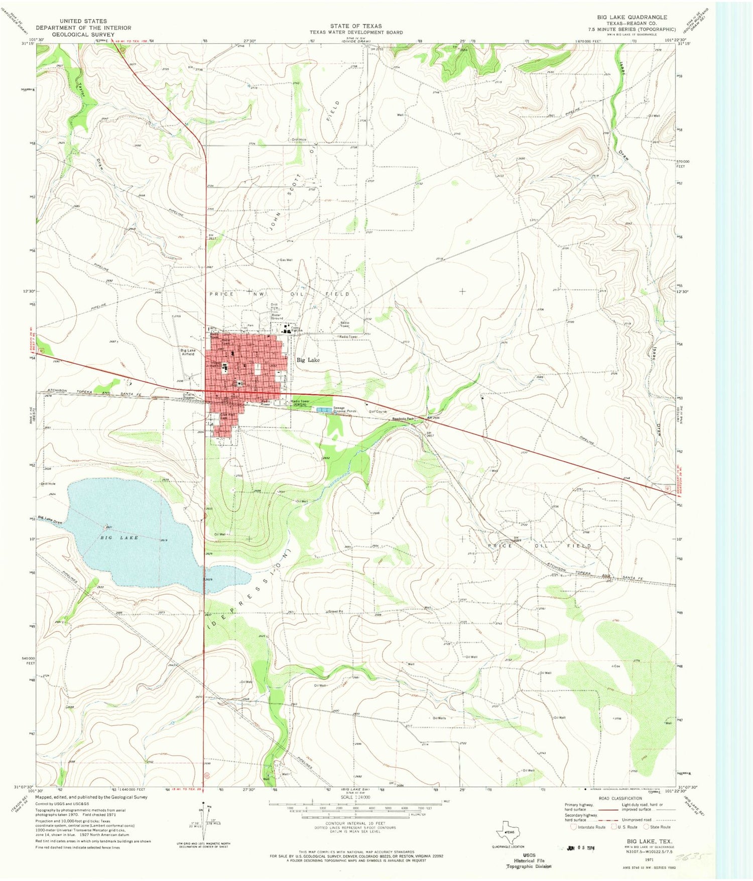 Classic USGS Big Lake Texas 7.5'x7.5' Topo Map Image
