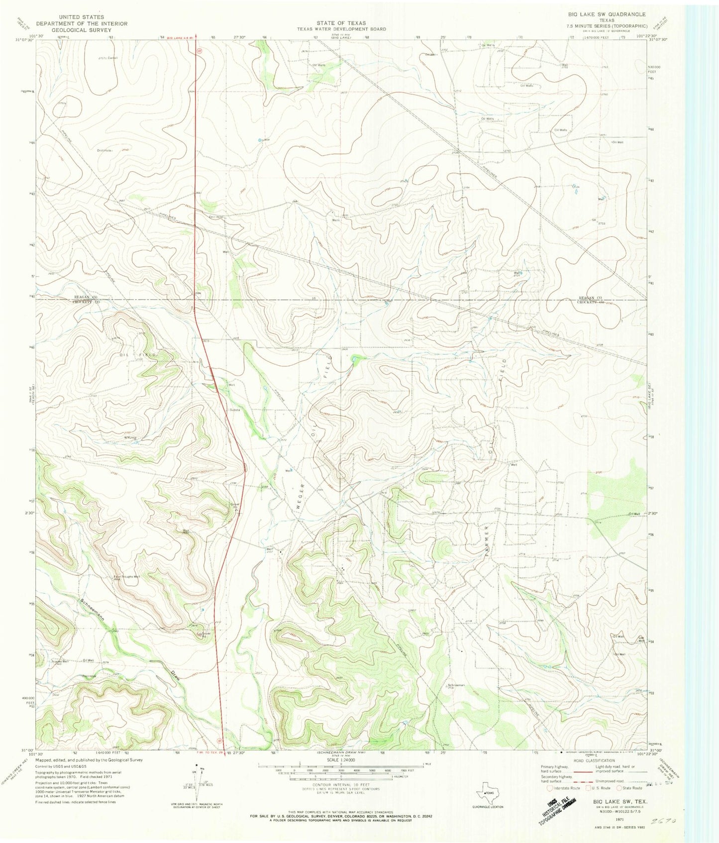 Classic USGS Big Lake SW Texas 7.5'x7.5' Topo Map Image