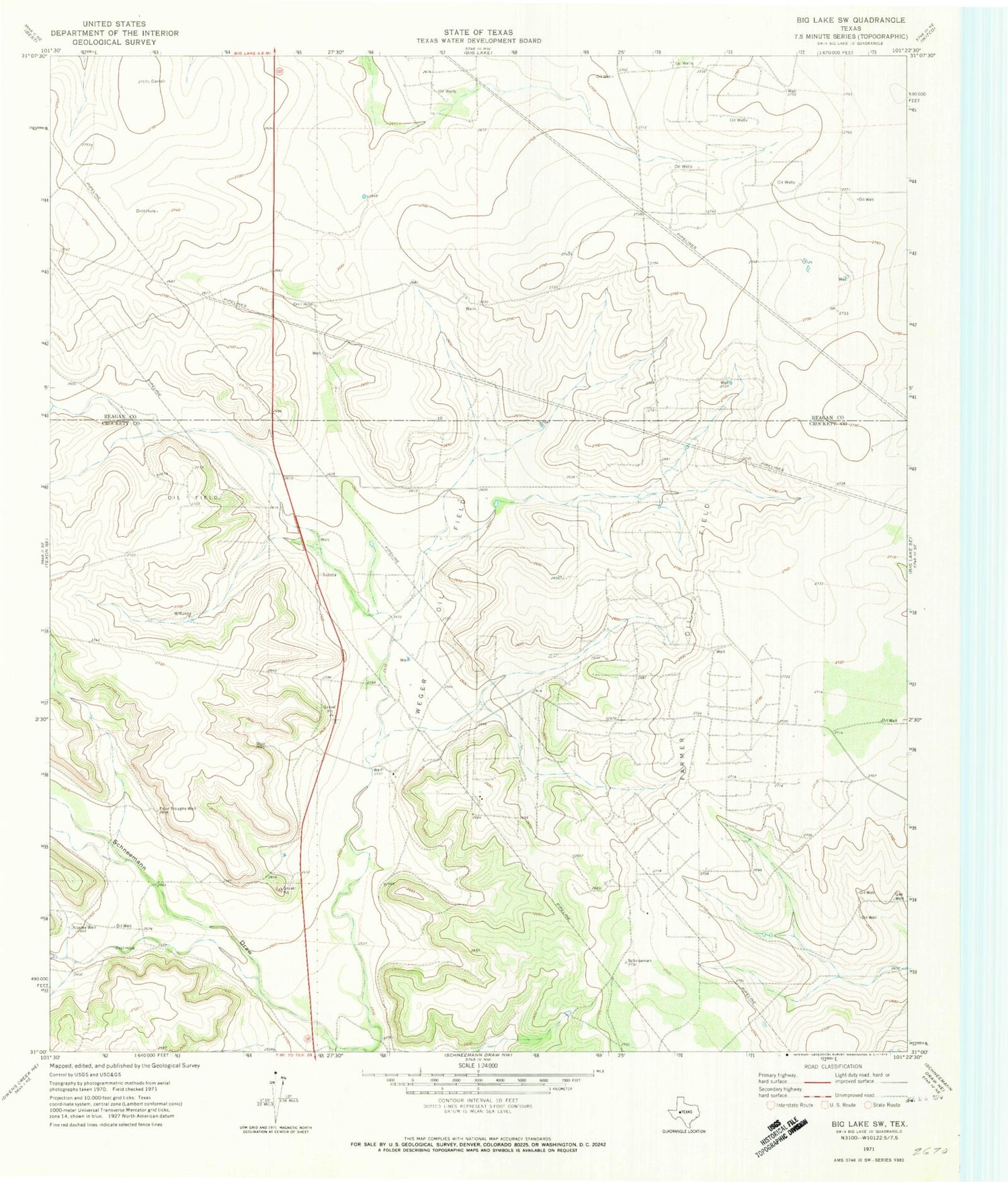 Classic USGS Big Lake SW Texas 7.5'x7.5' Topo Map Image