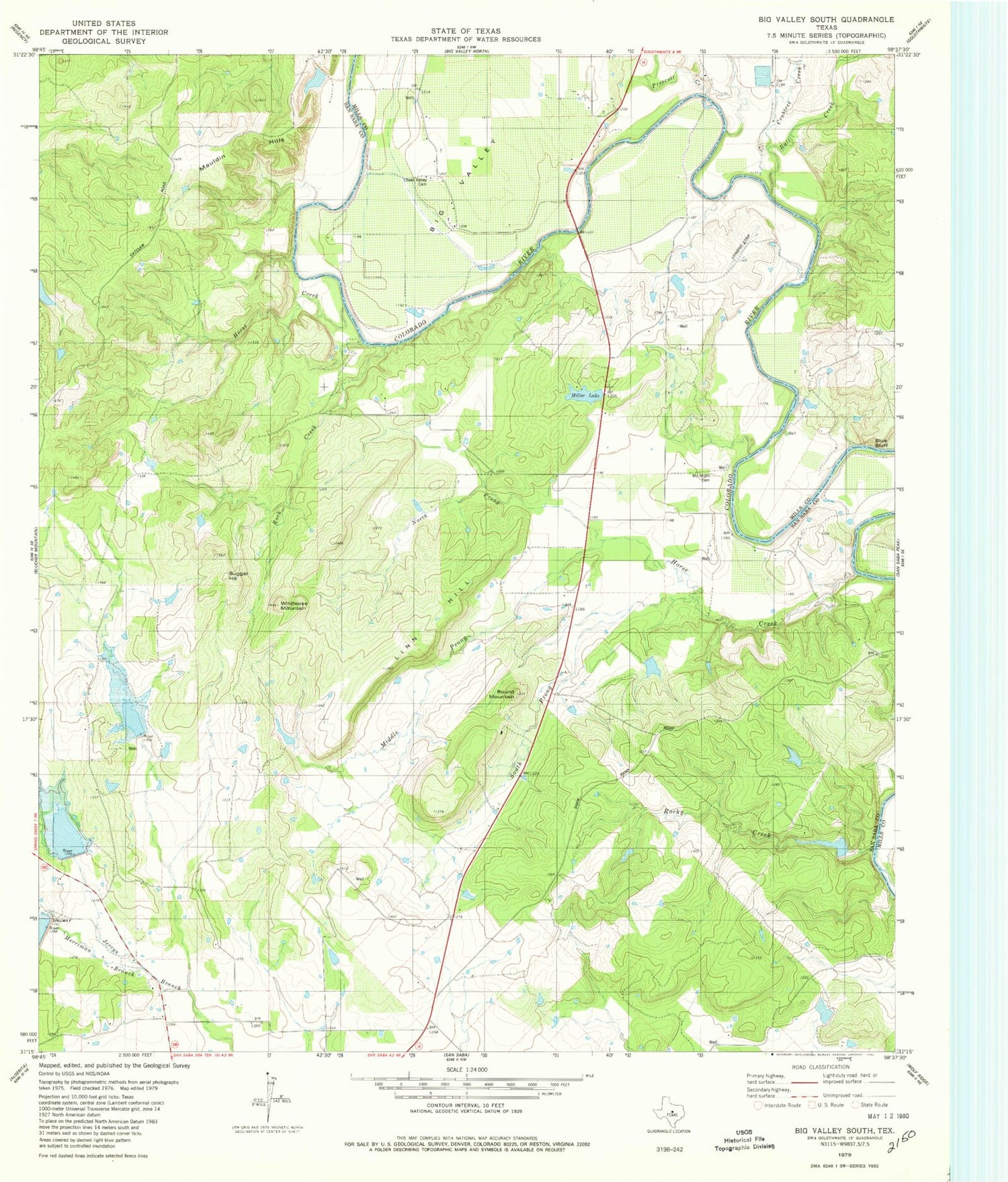 Classic USGS Big Valley South Texas 7.5'x7.5' Topo Map Image