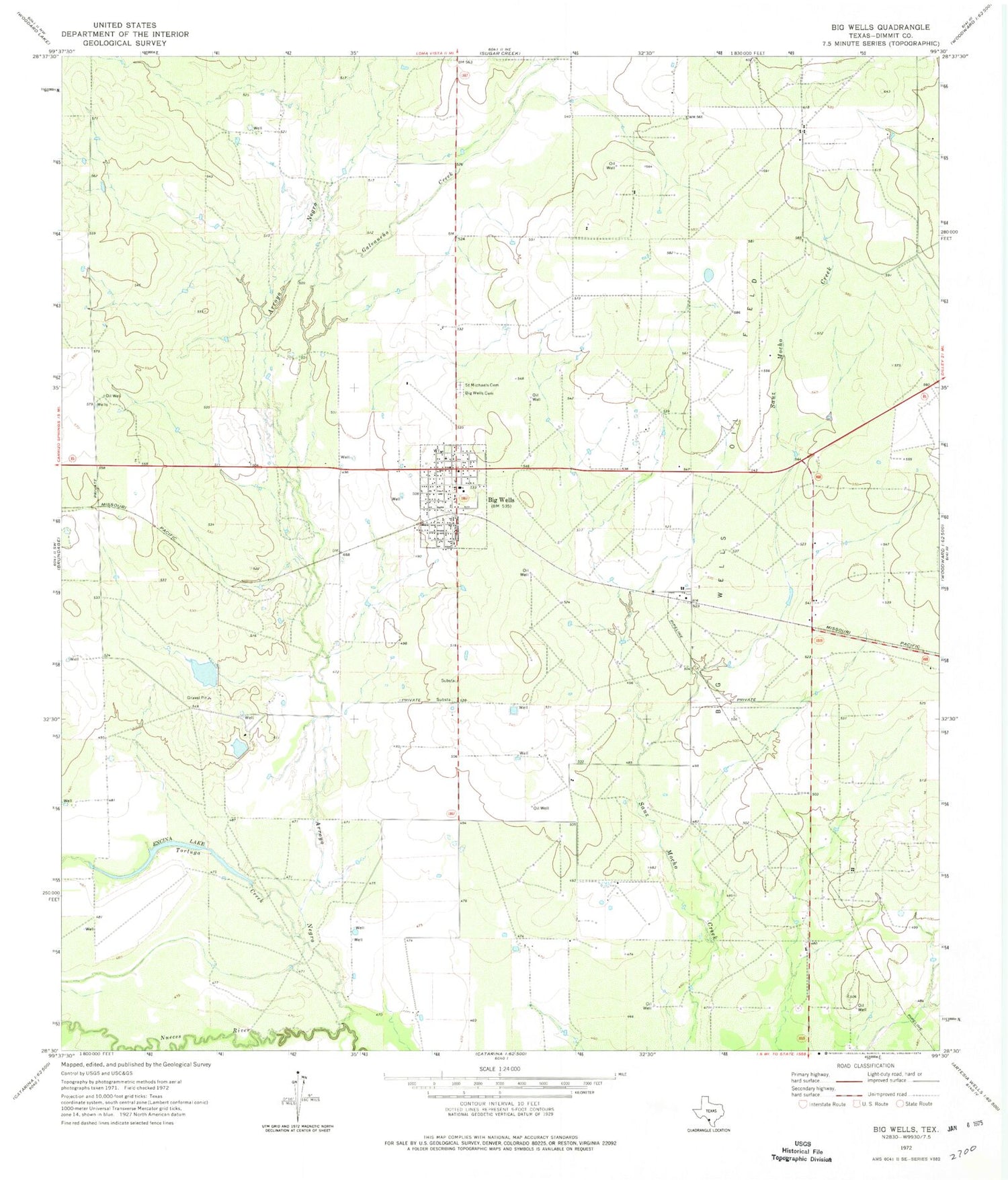 Classic USGS Big Wells Texas 7.5'x7.5' Topo Map Image