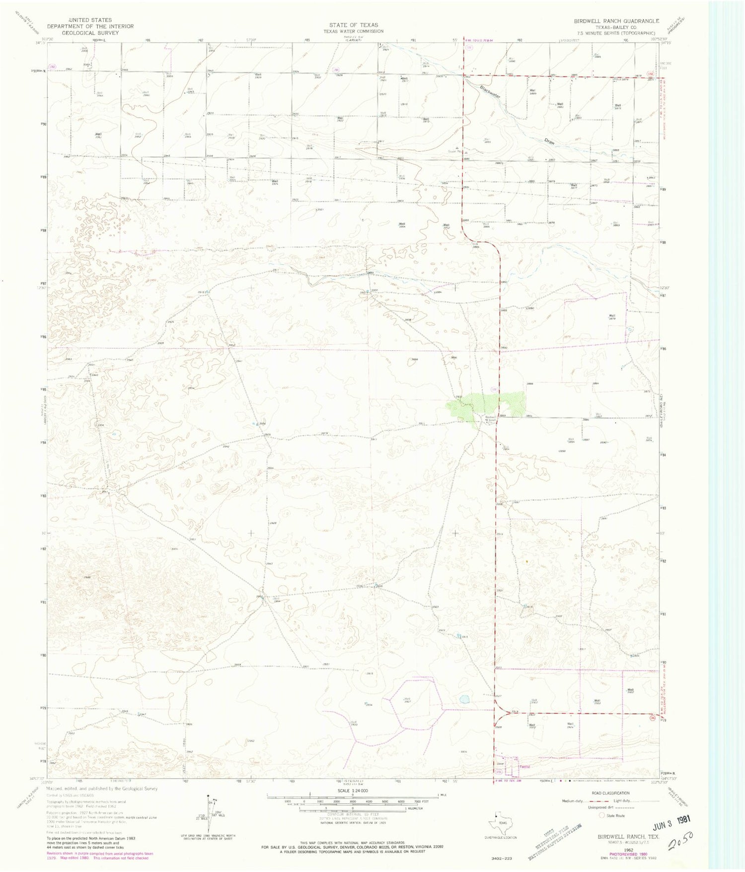 Classic USGS Birdwell Ranch Texas 7.5'x7.5' Topo Map Image