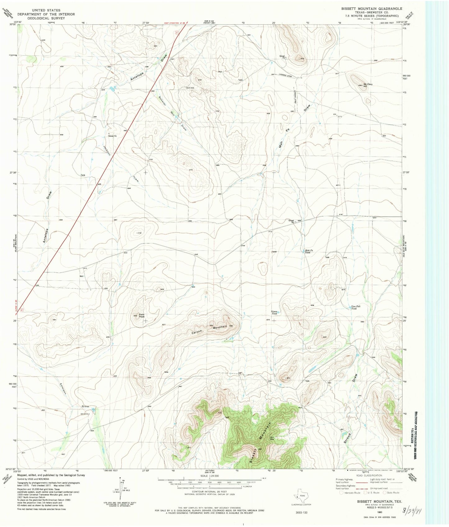 Classic USGS Bissett Mountain Texas 7.5'x7.5' Topo Map Image