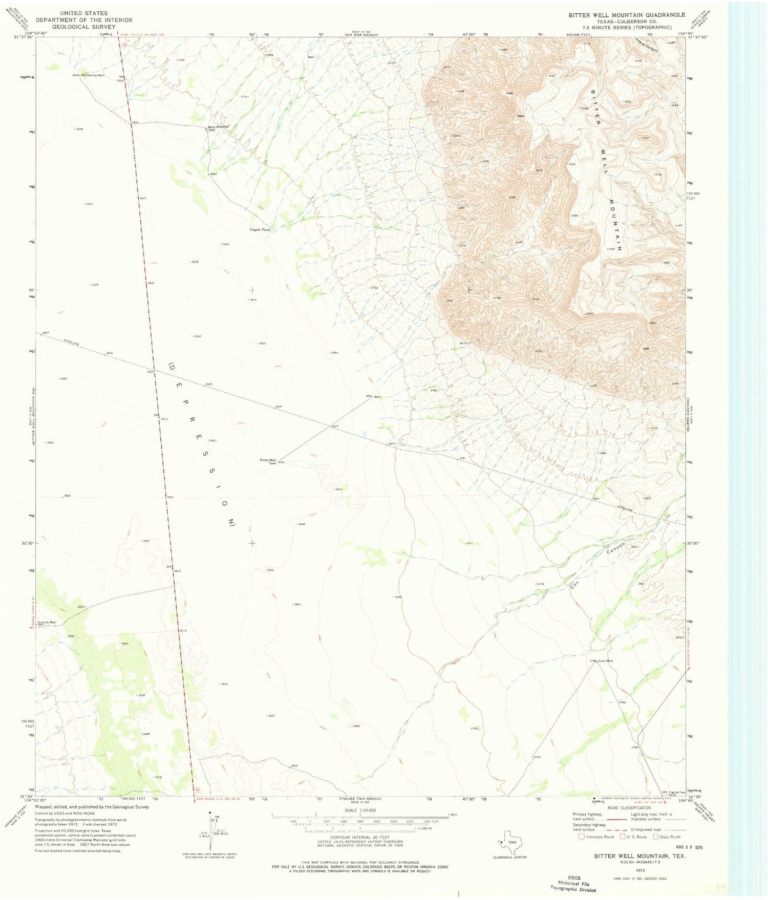 Classic USGS Bitter Well Mountain Texas 7.5'x7.5' Topo Map Image