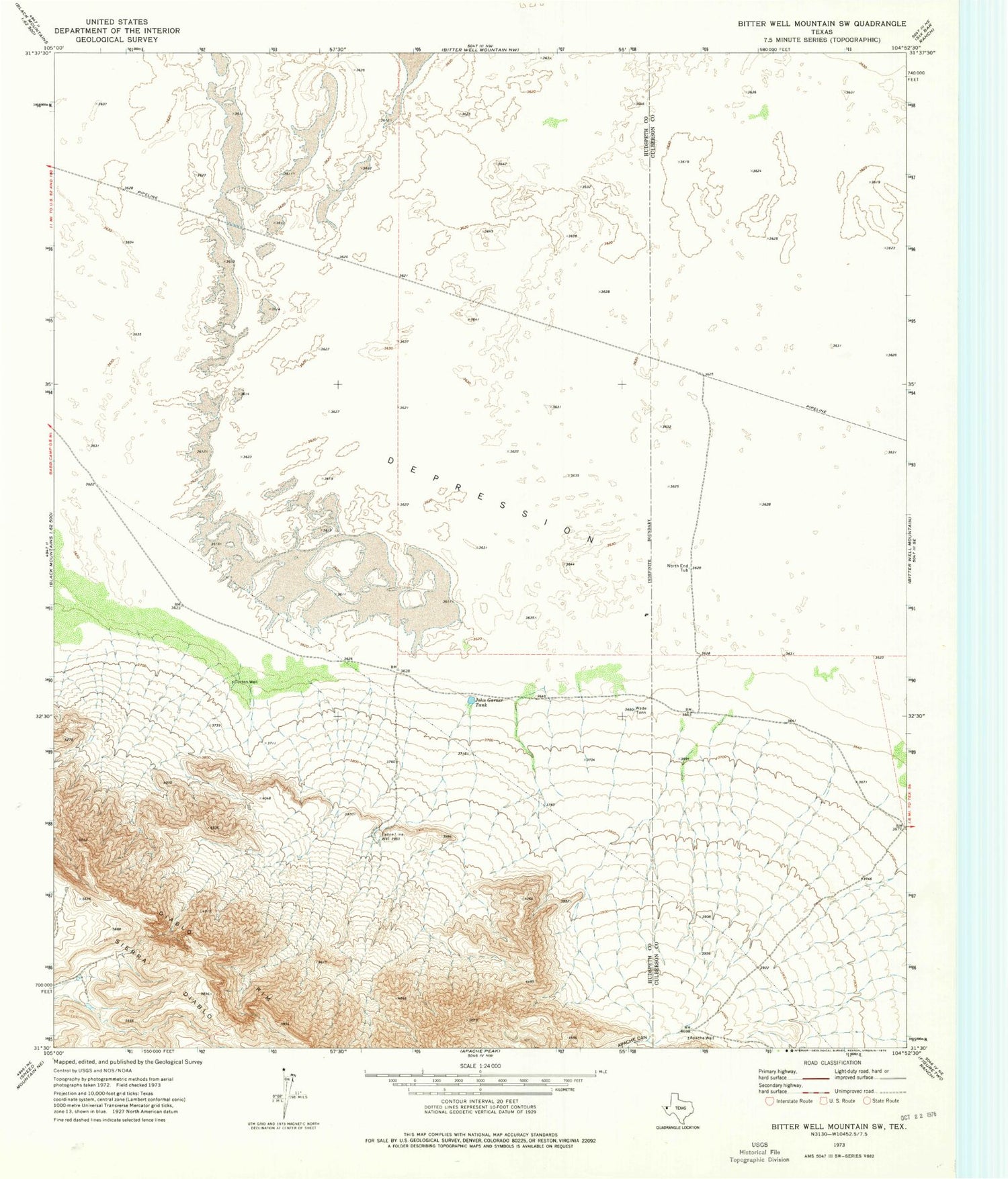 Classic USGS Bitter Well Mountain SW Texas 7.5'x7.5' Topo Map Image