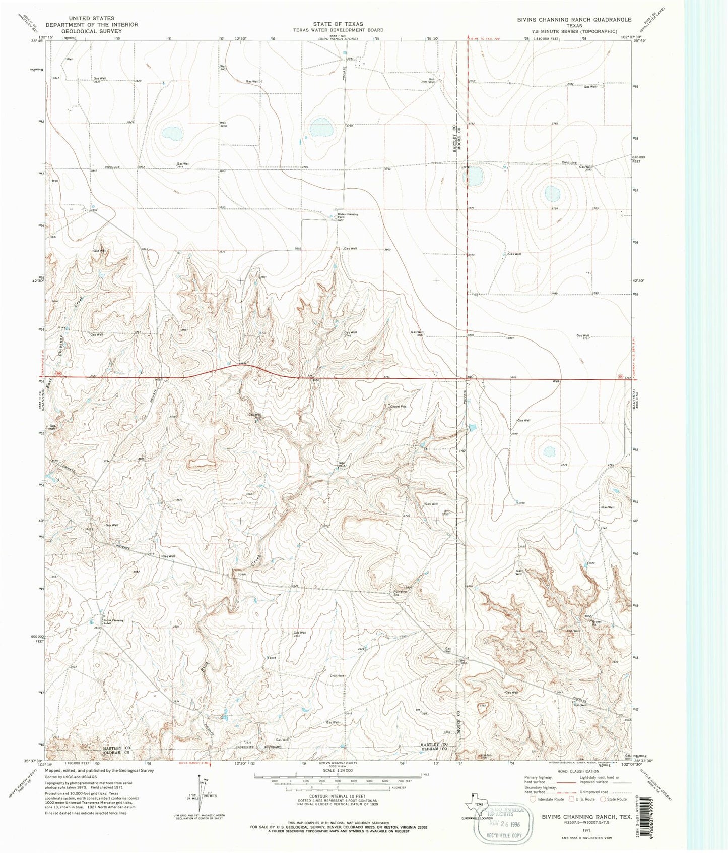 Classic USGS Bivins Channing Ranch Texas 7.5'x7.5' Topo Map Image