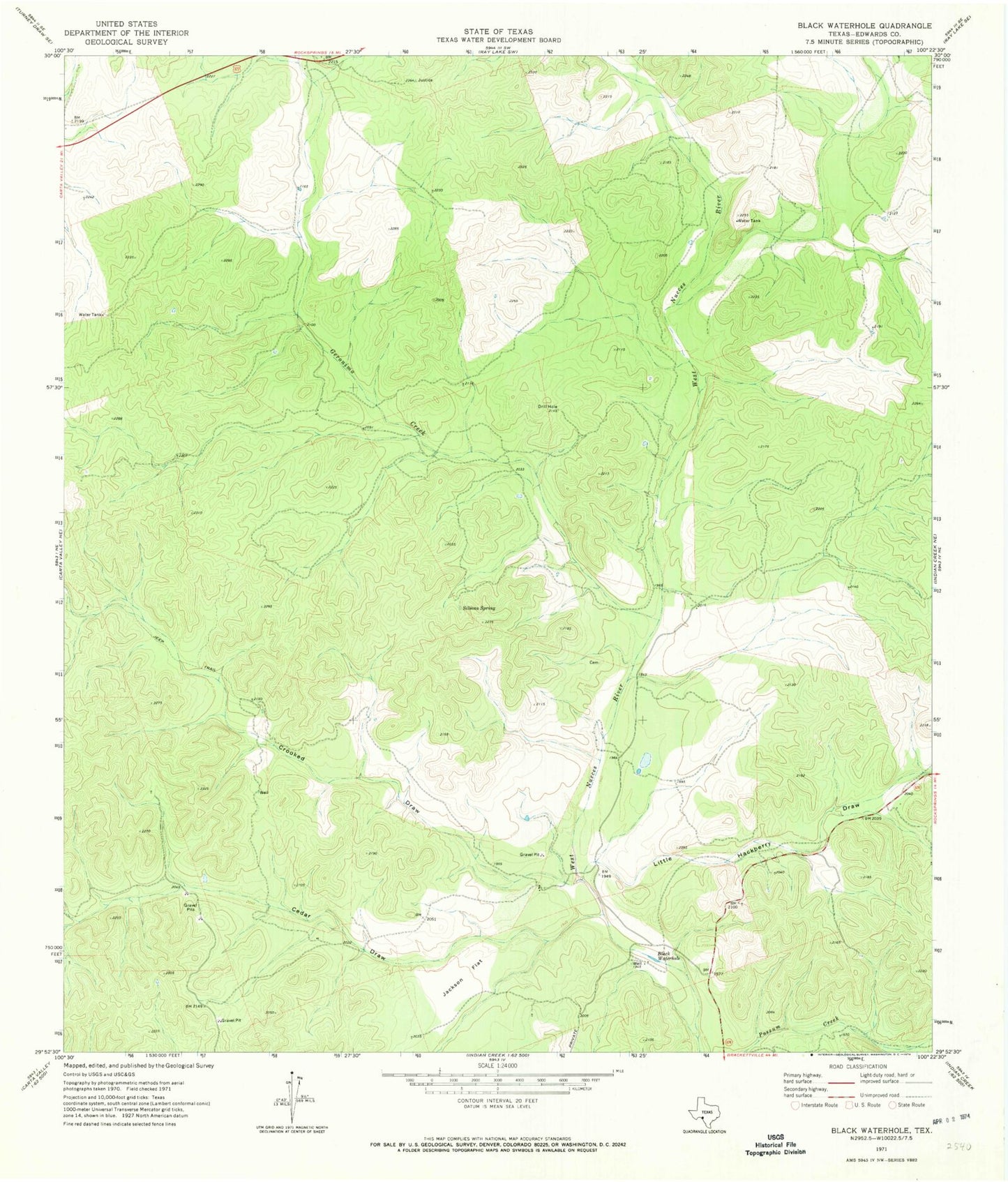 Classic USGS Black Waterhole Texas 7.5'x7.5' Topo Map Image