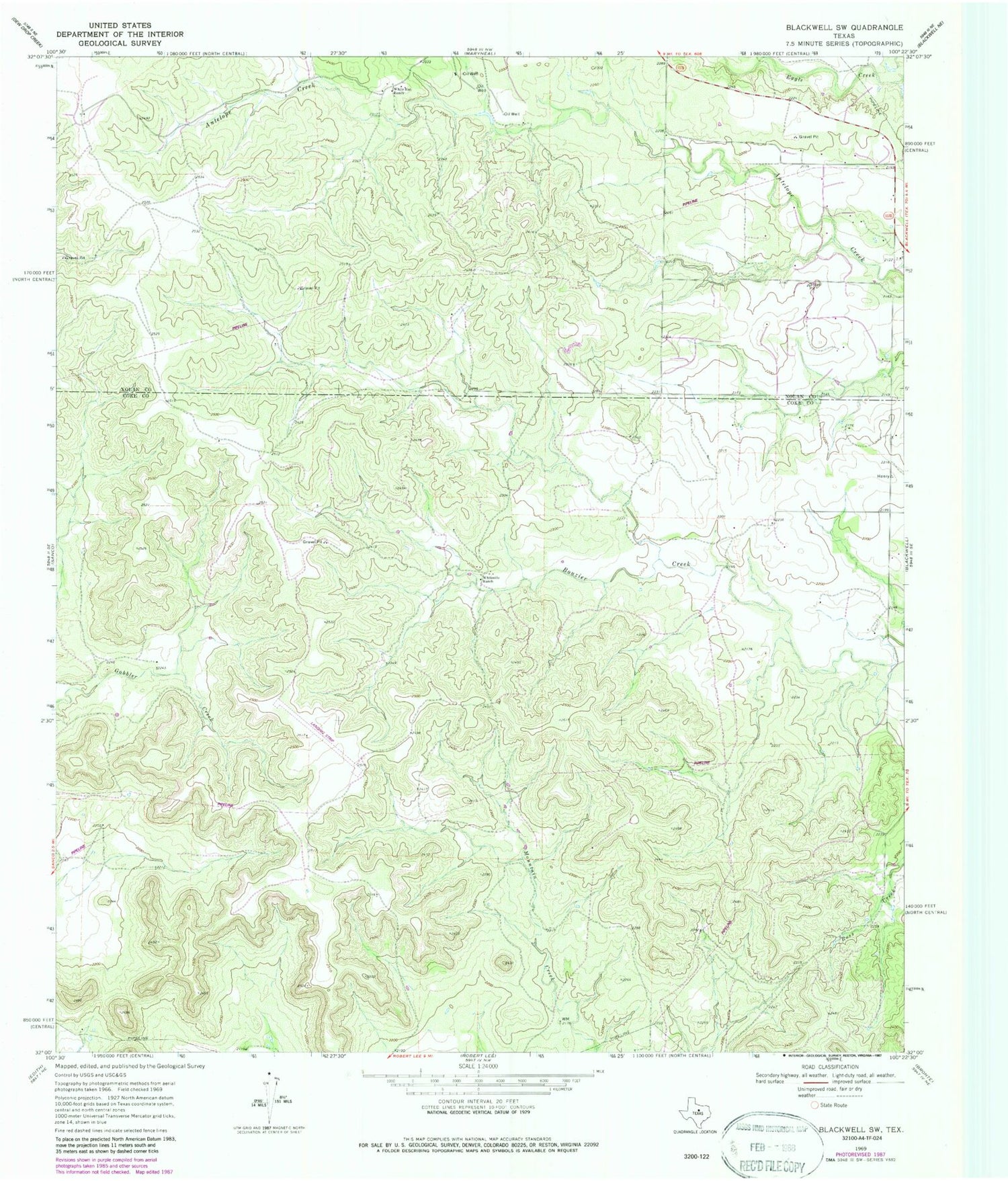 Classic USGS Blackwell SW Texas 7.5'x7.5' Topo Map Image