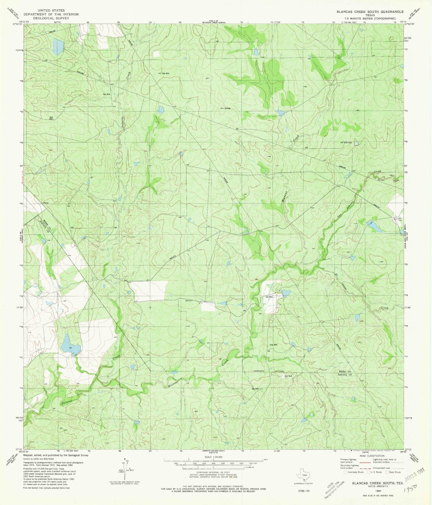 Classic USGS Blancas Creek South Texas 7.5'x7.5' Topo Map Image