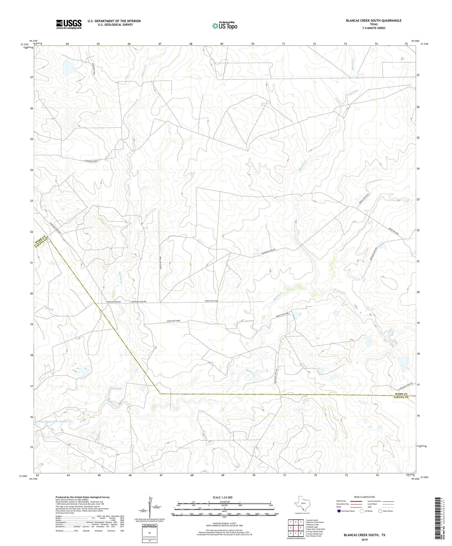 Blancas Creek South Texas US Topo Map Image