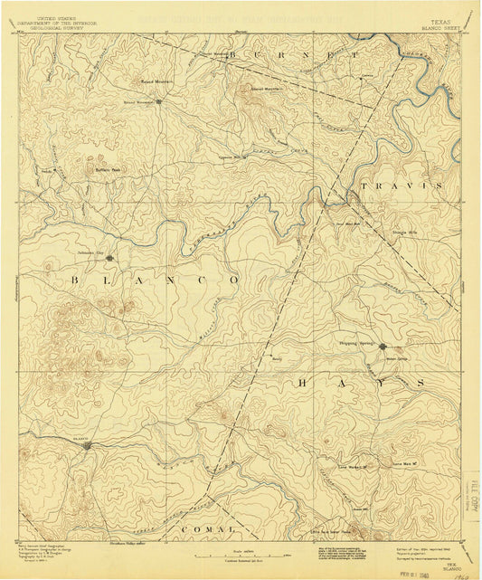 Historic 1894 Blanco Texas 30'x30' Topo Map Image