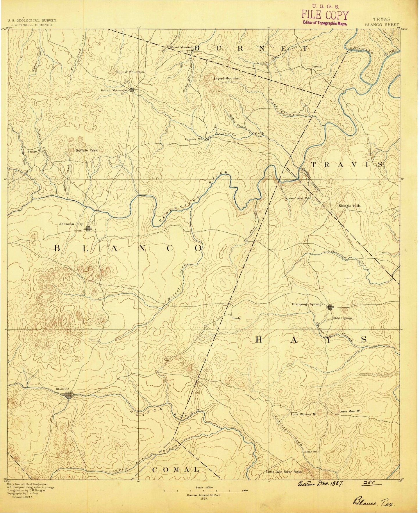 Historic 1887 Blanco Texas 30'x30' Topo Map Image