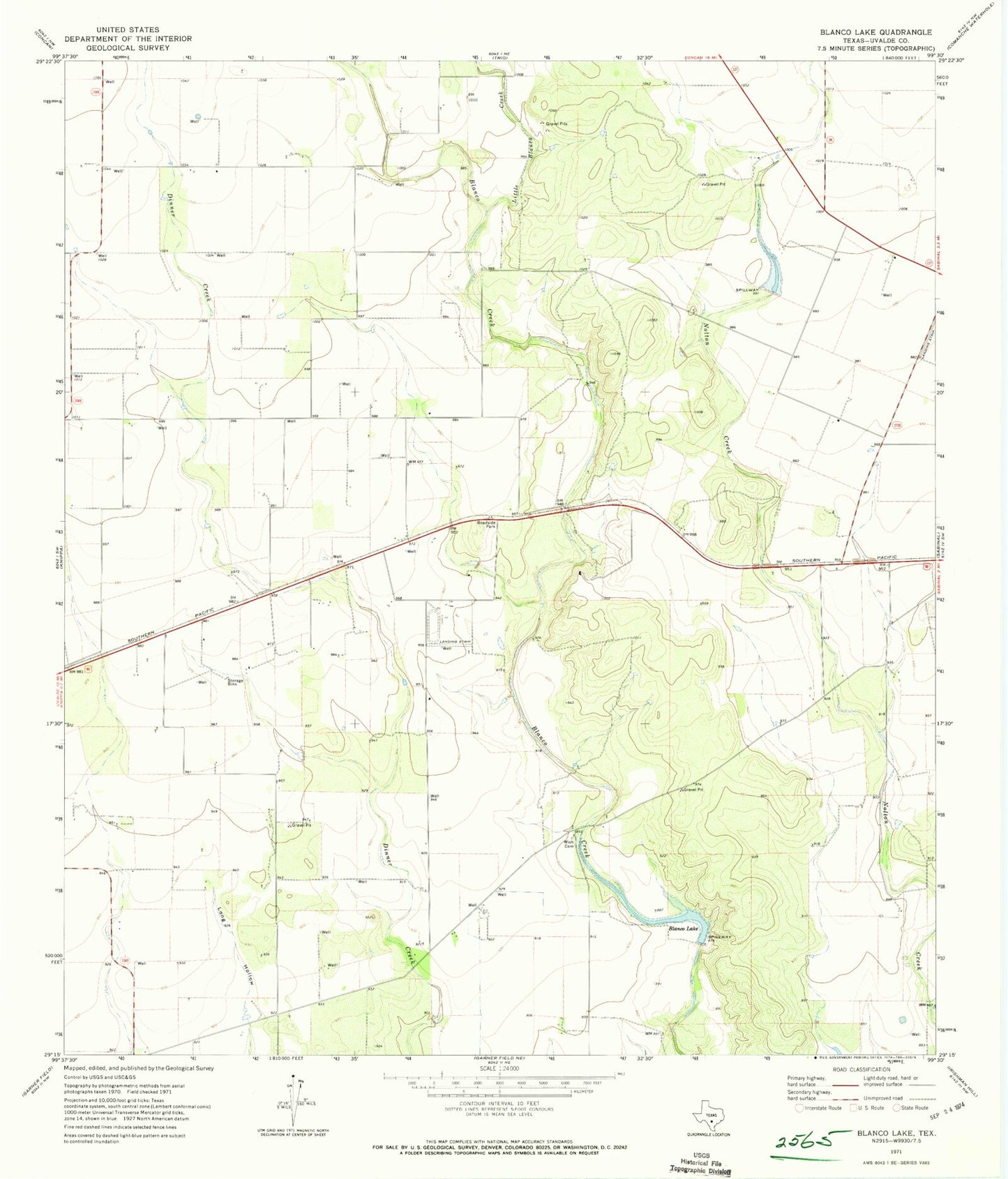 Classic USGS Blanco Lake Texas 7.5'x7.5' Topo Map Image