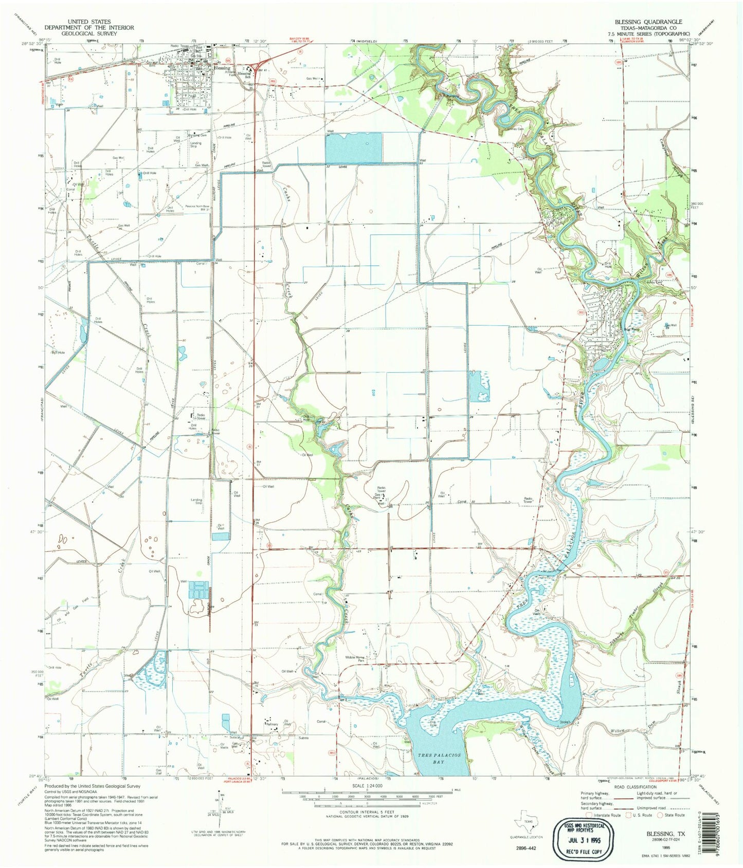 Classic USGS Blessing Texas 7.5'x7.5' Topo Map Image