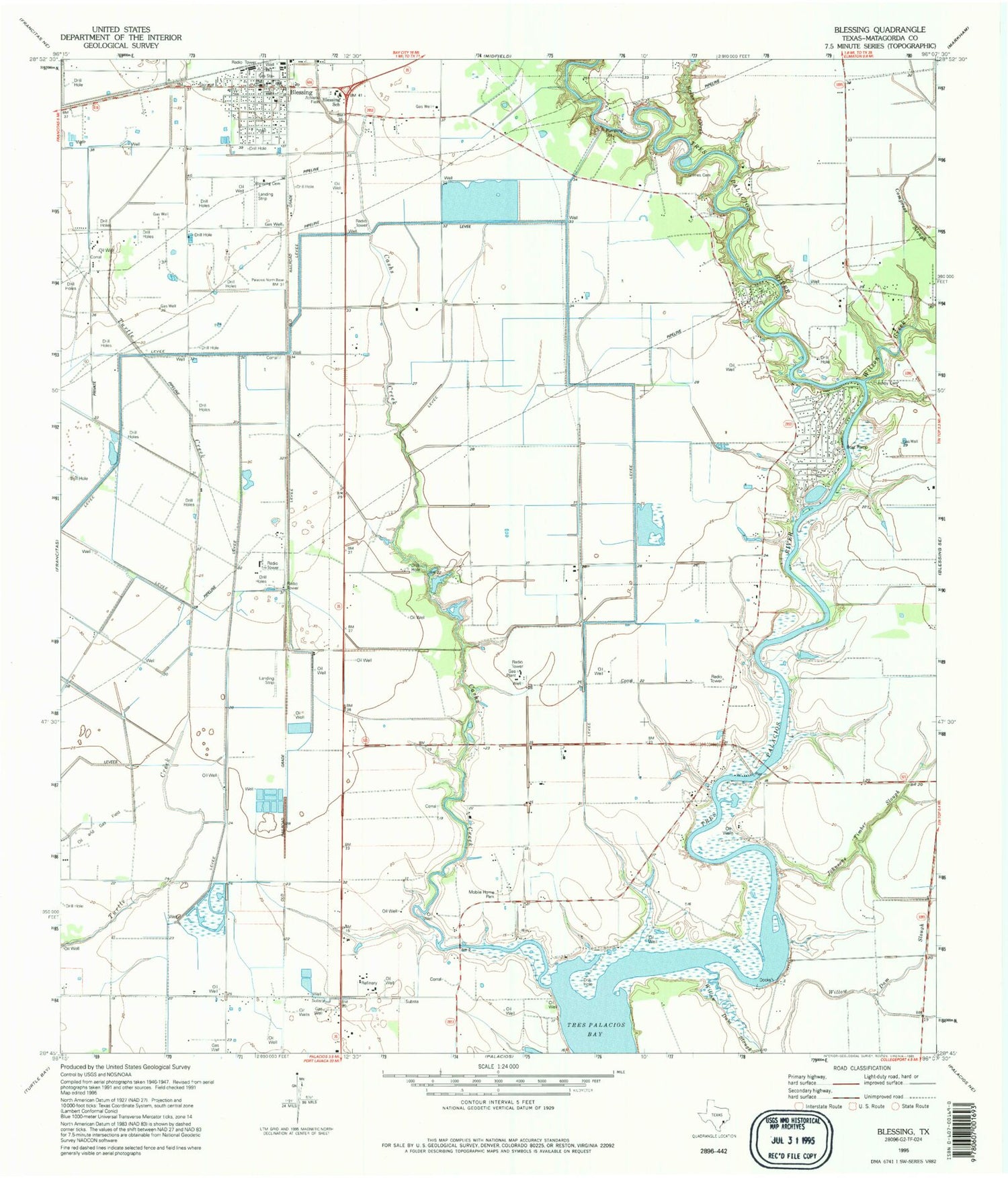 Classic USGS Blessing Texas 7.5'x7.5' Topo Map Image