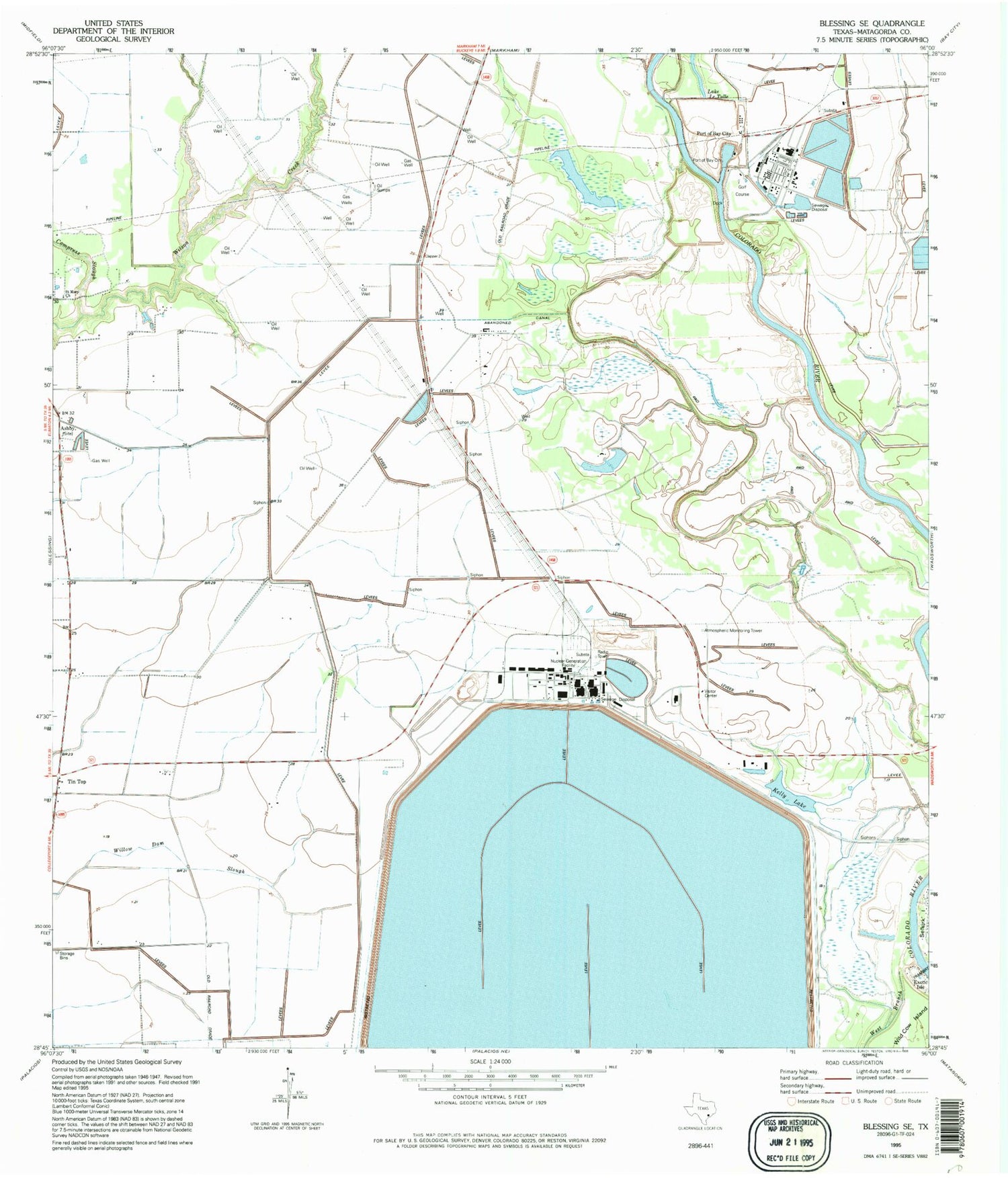 Classic USGS Blessing SE Texas 7.5'x7.5' Topo Map Image