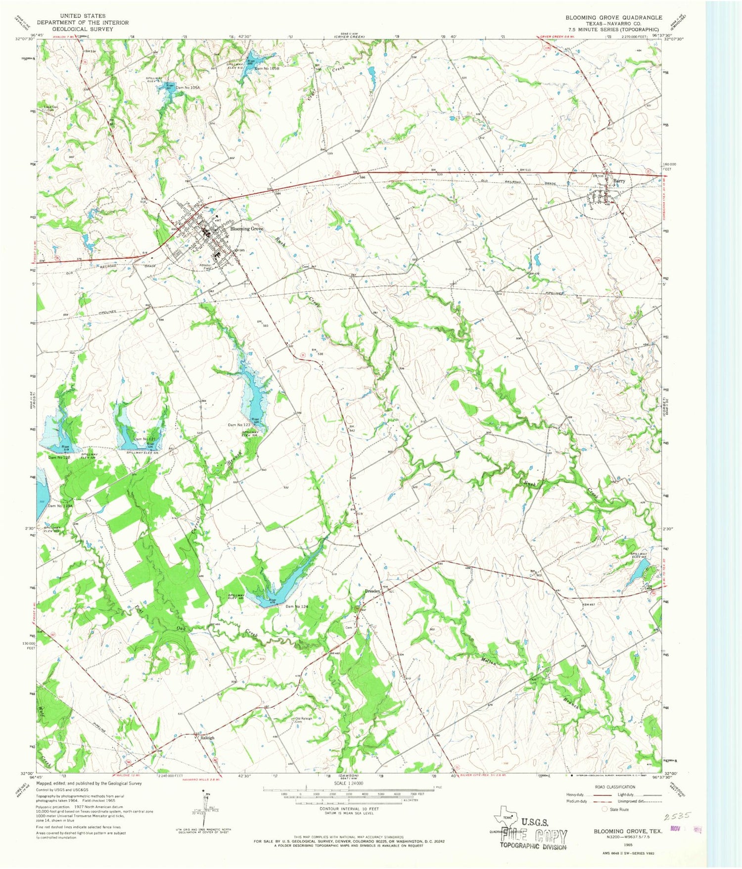Classic USGS Blooming Grove Texas 7.5'x7.5' Topo Map Image