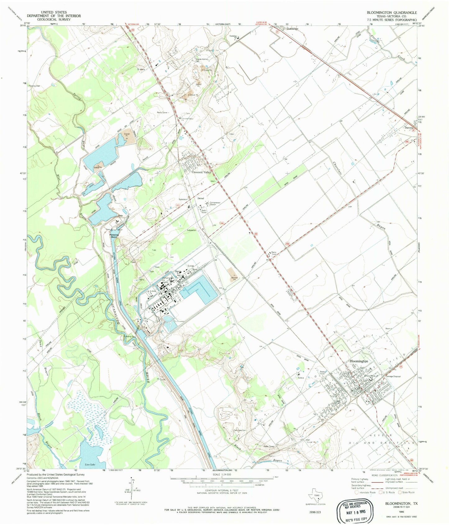 Classic USGS Bloomington Texas 7.5'x7.5' Topo Map Image