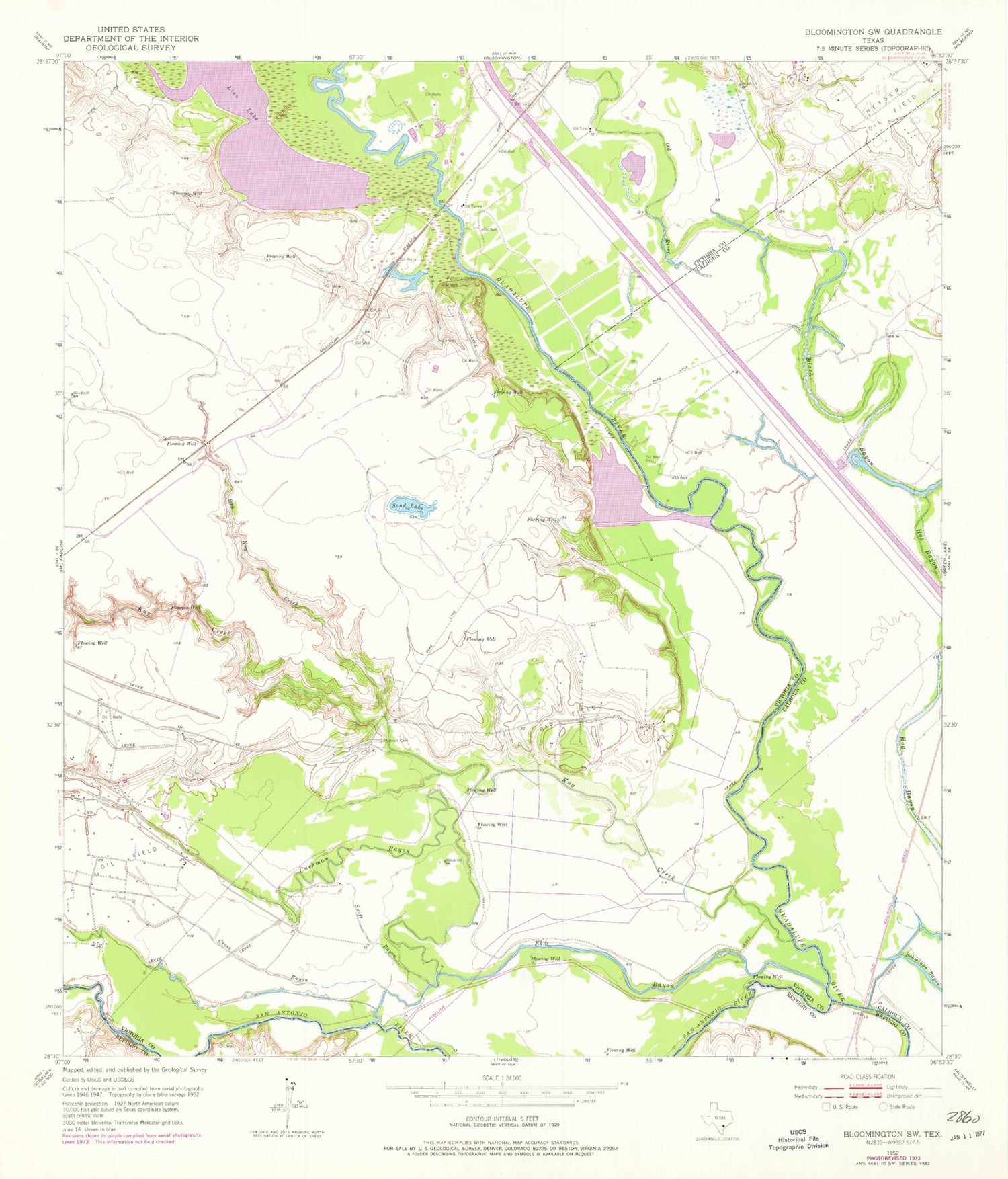 Classic USGS Bloomington SW Texas 7.5'x7.5' Topo Map Image