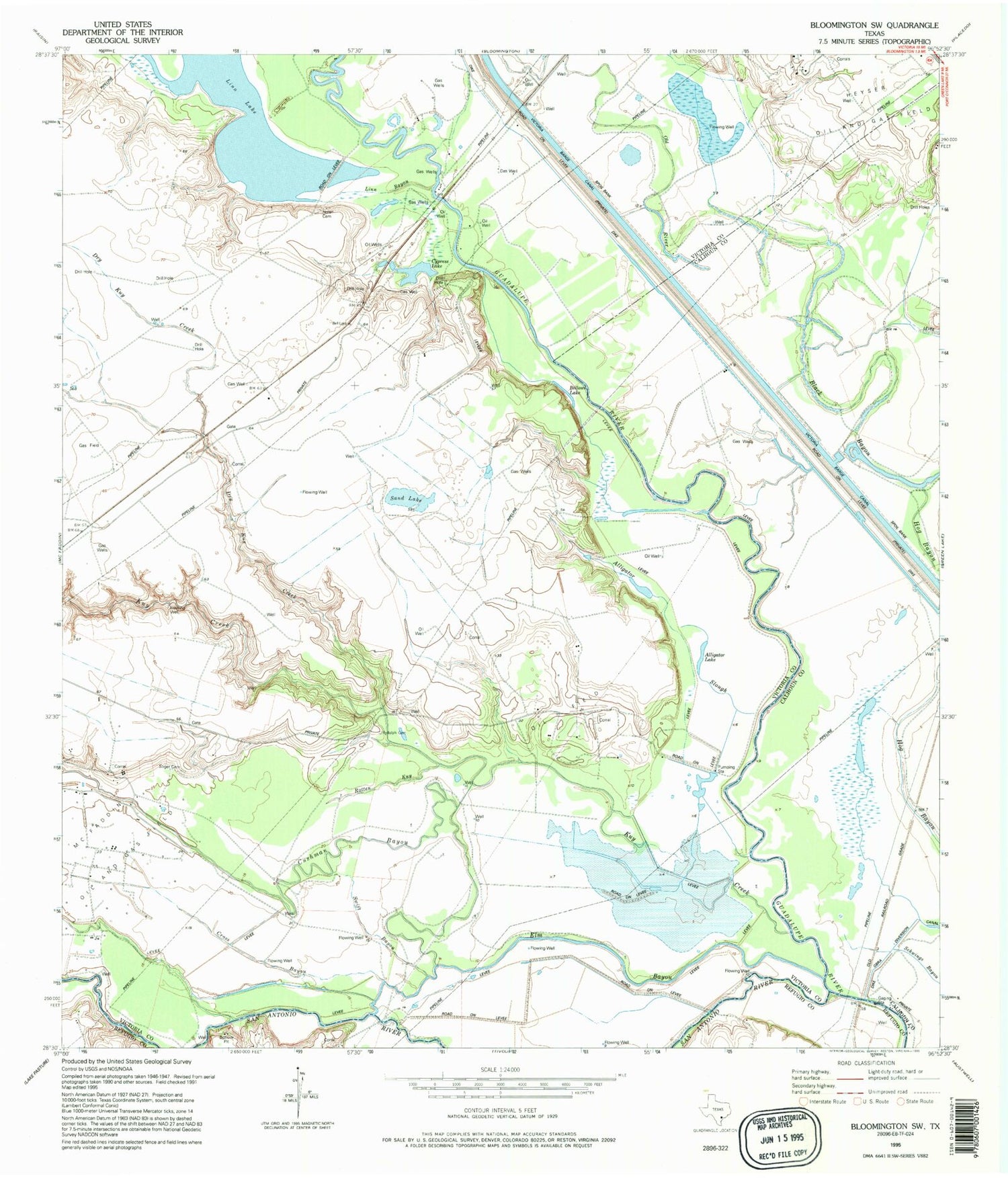 Classic USGS Bloomington SW Texas 7.5'x7.5' Topo Map Image