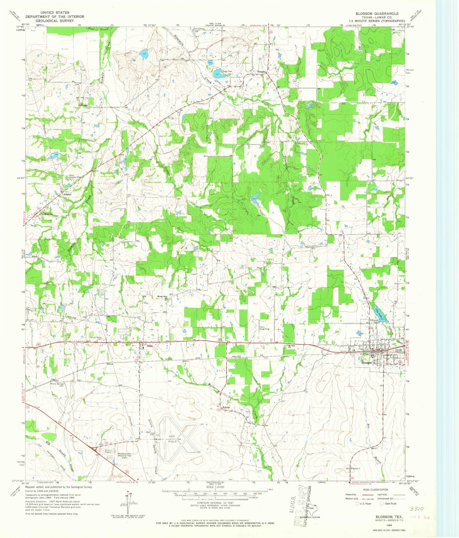 Classic USGS Blossom Texas 7.5'x7.5' Topo Map Image